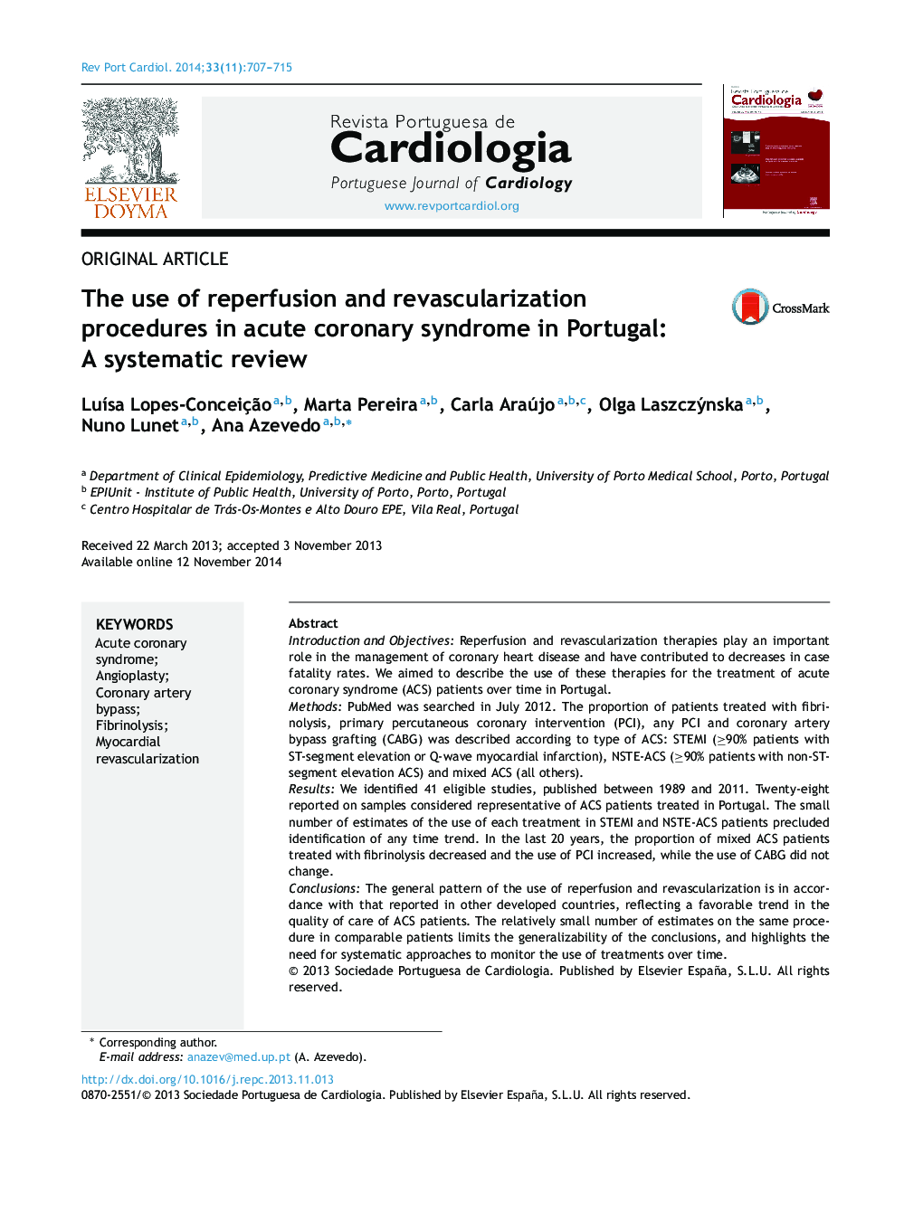 The use of reperfusion and revascularization procedures in acute coronary syndrome in Portugal: A systematic review