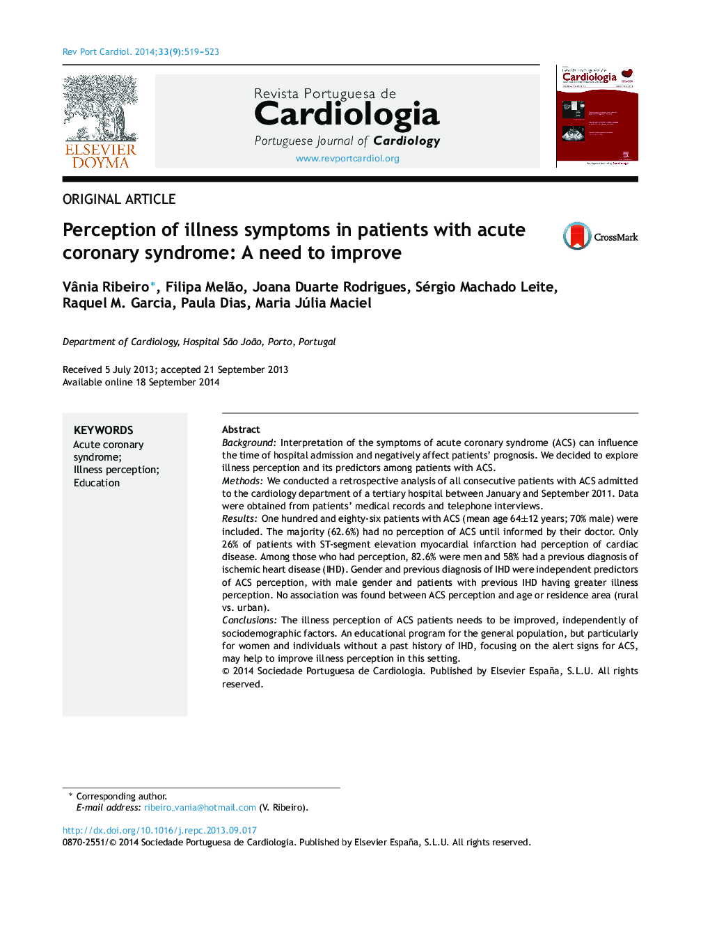 Perception of illness symptoms in patients with acute coronary syndrome: A need to improve