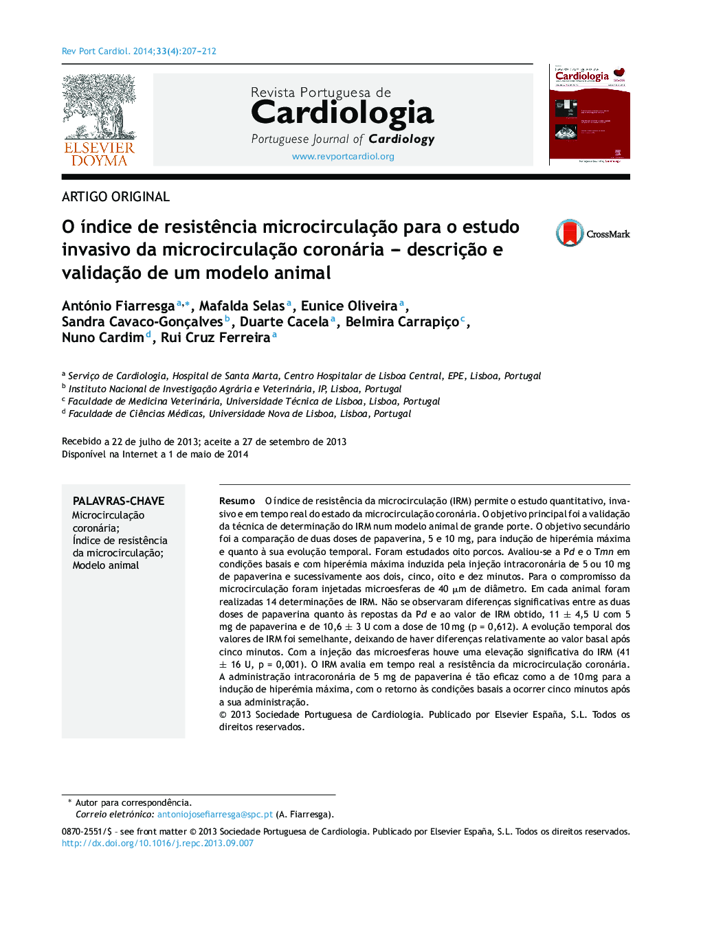 O índice de resistência microcirculação para o estudo invasivo da microcirculação coronária – descrição e validação de um modelo animal