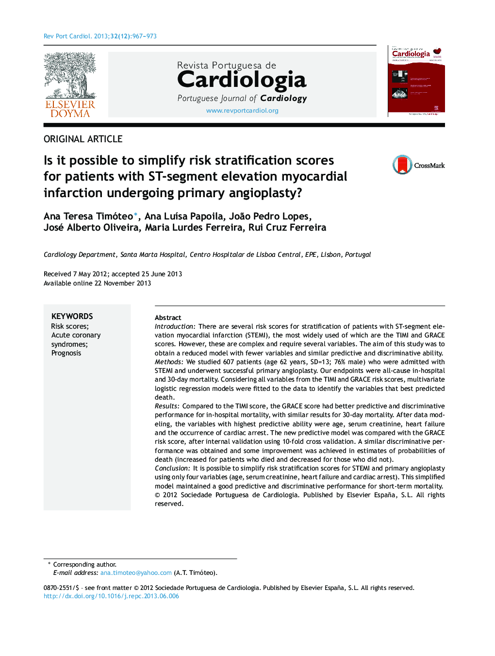 Is it possible to simplify risk stratification scores for patients with ST-segment elevation myocardial infarction undergoing primary angioplasty?