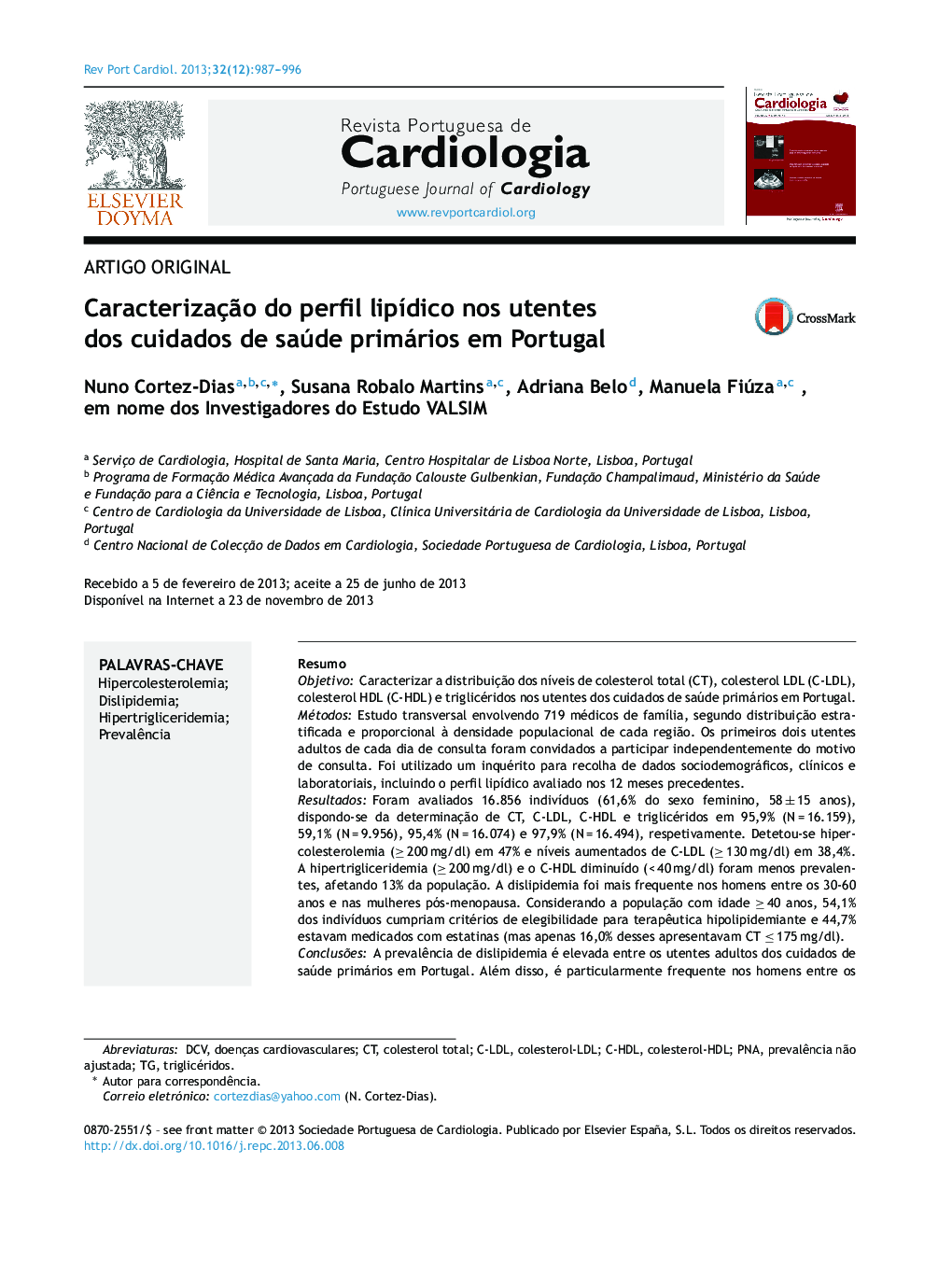 Caracterização do perfil lipídico nos utentes dos cuidados de saúde primários em Portugal