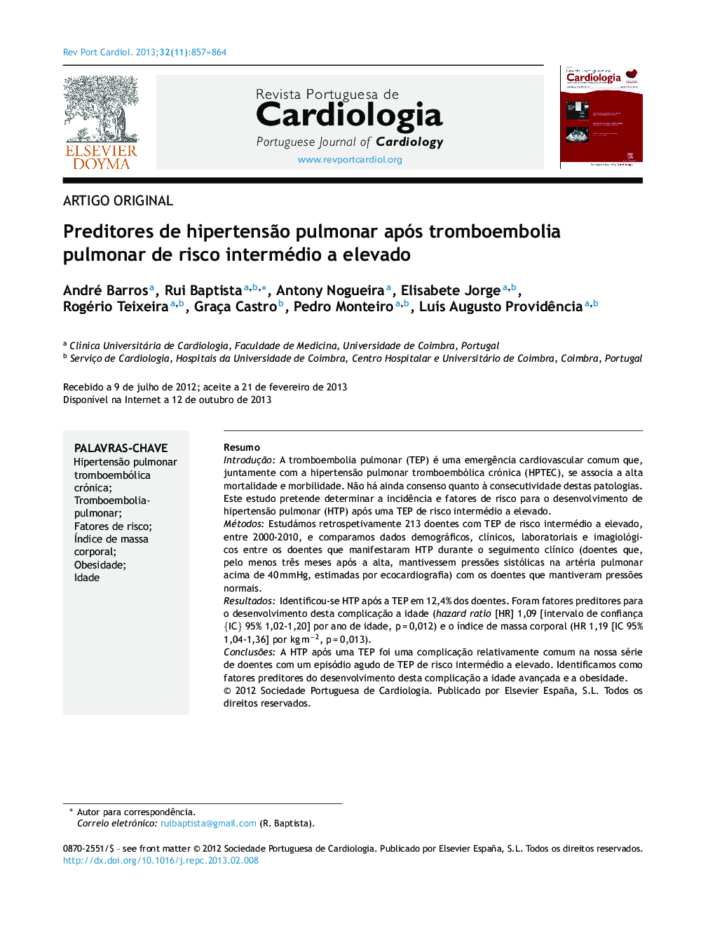 Preditores de hipertensão pulmonar após tromboembolia pulmonar de risco intermédio a elevado