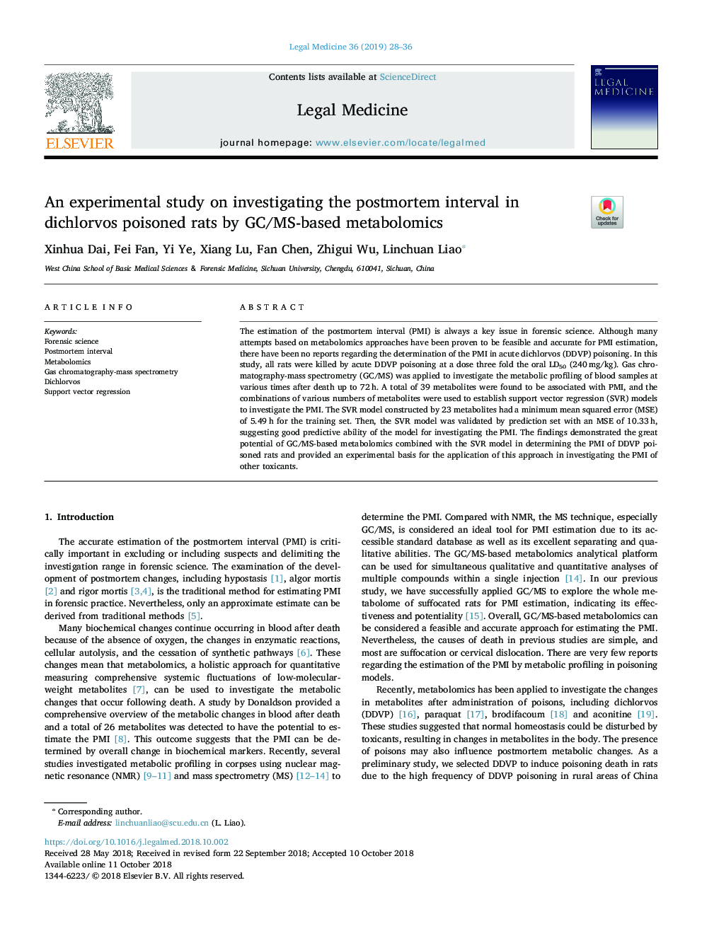 An experimental study on investigating the postmortem interval in dichlorvos poisoned rats by GC/MS-based metabolomics