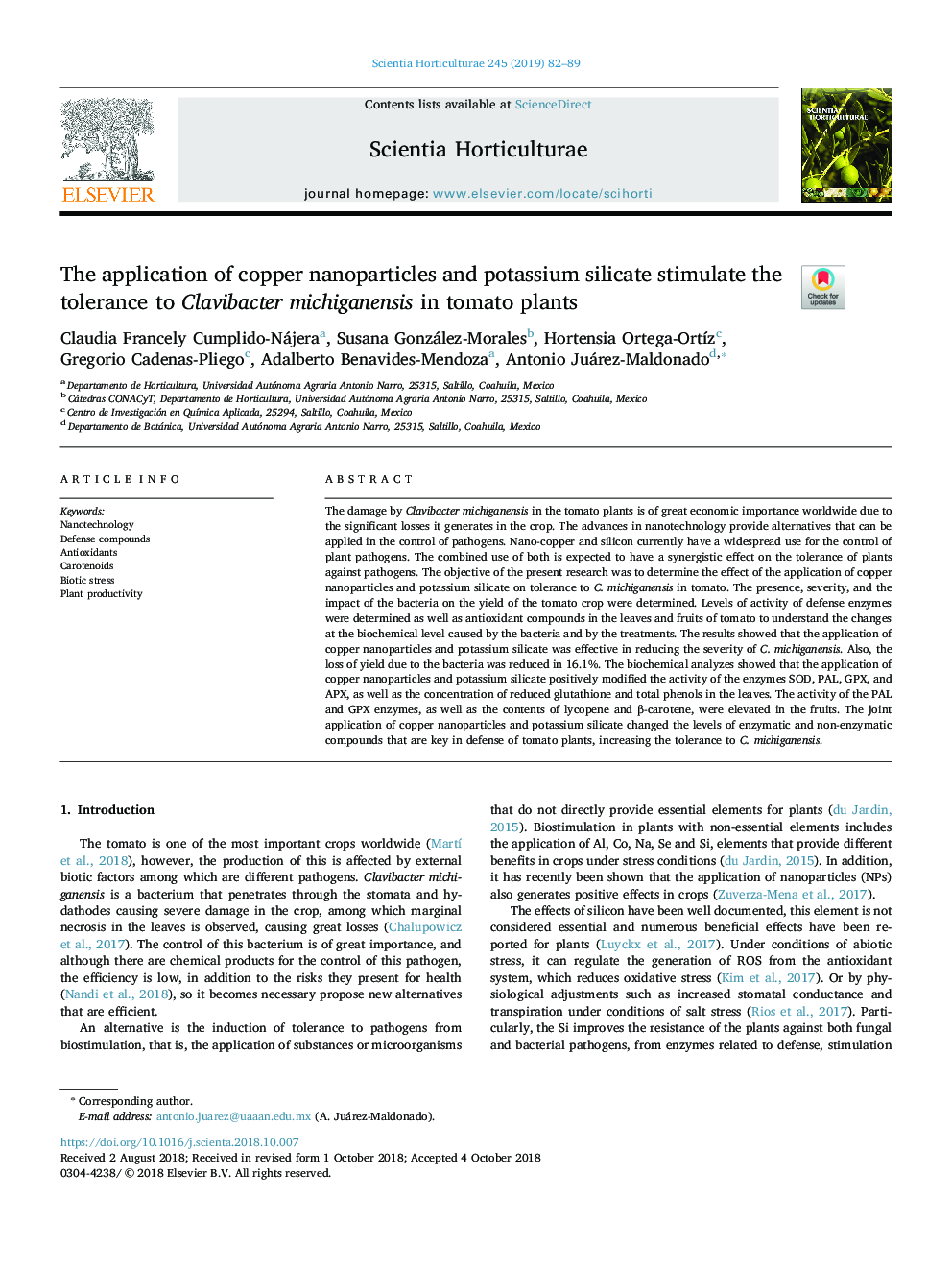 The application of copper nanoparticles and potassium silicate stimulate the tolerance to Clavibacter michiganensis in tomato plants