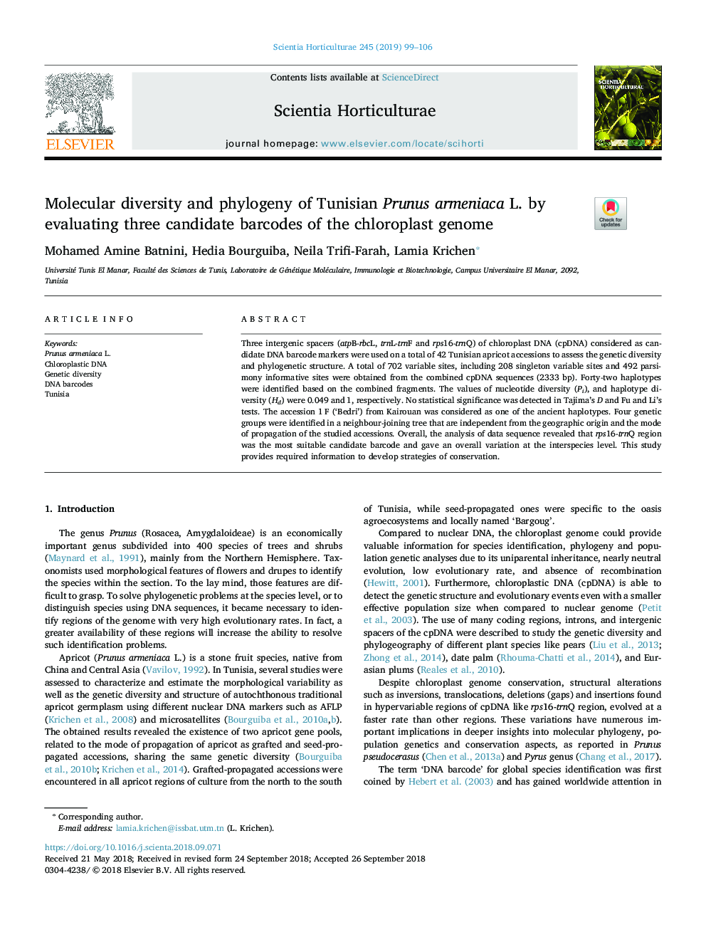 Molecular diversity and phylogeny of Tunisian Prunus armeniaca L. by evaluating three candidate barcodes of the chloroplast genome