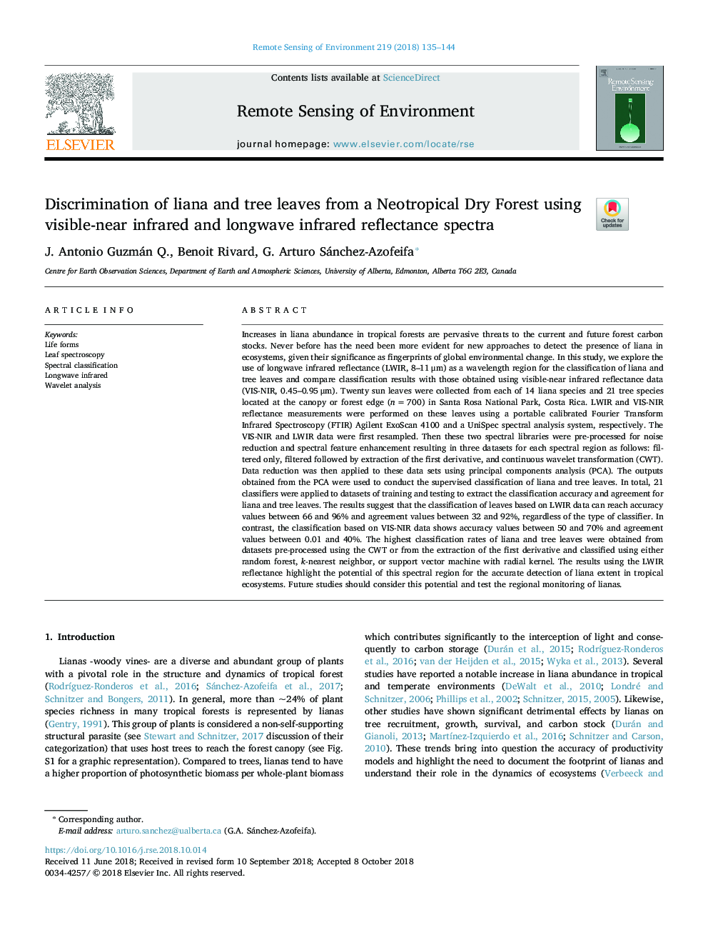 Discrimination of liana and tree leaves from a Neotropical Dry Forest using visible-near infrared and longwave infrared reflectance spectra