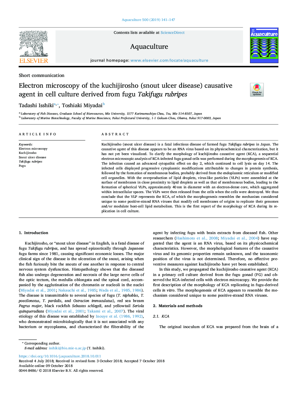 Electron microscopy of the kuchijirosho (snout ulcer disease) causative agent in cell culture derived from fugu Takifugu rubripes