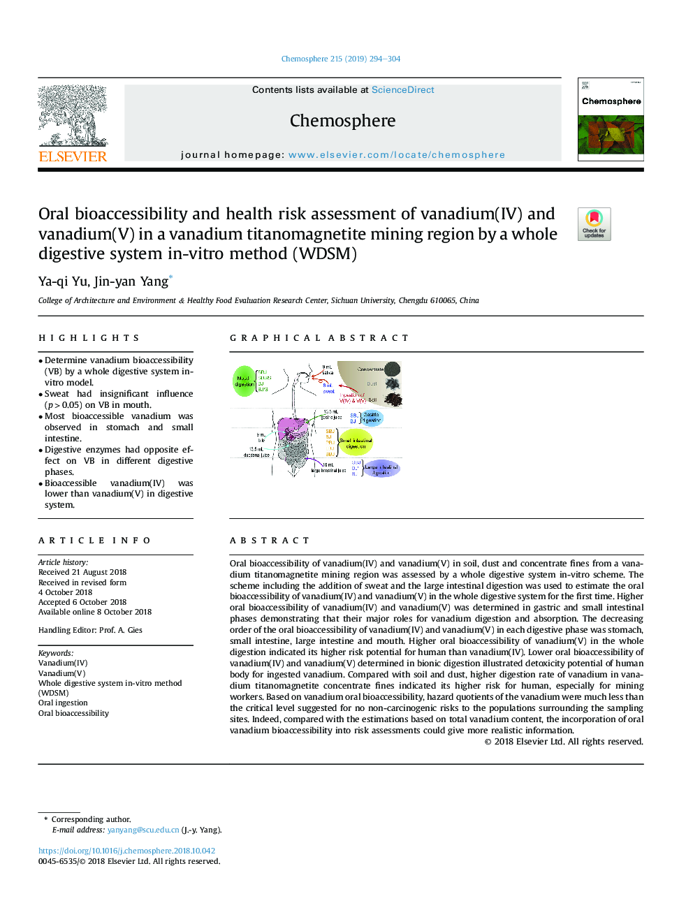 Oral bioaccessibility and health risk assessment of vanadium(IV) and vanadium(V) in a vanadium titanomagnetite mining region by a whole digestive system in-vitro method (WDSM)