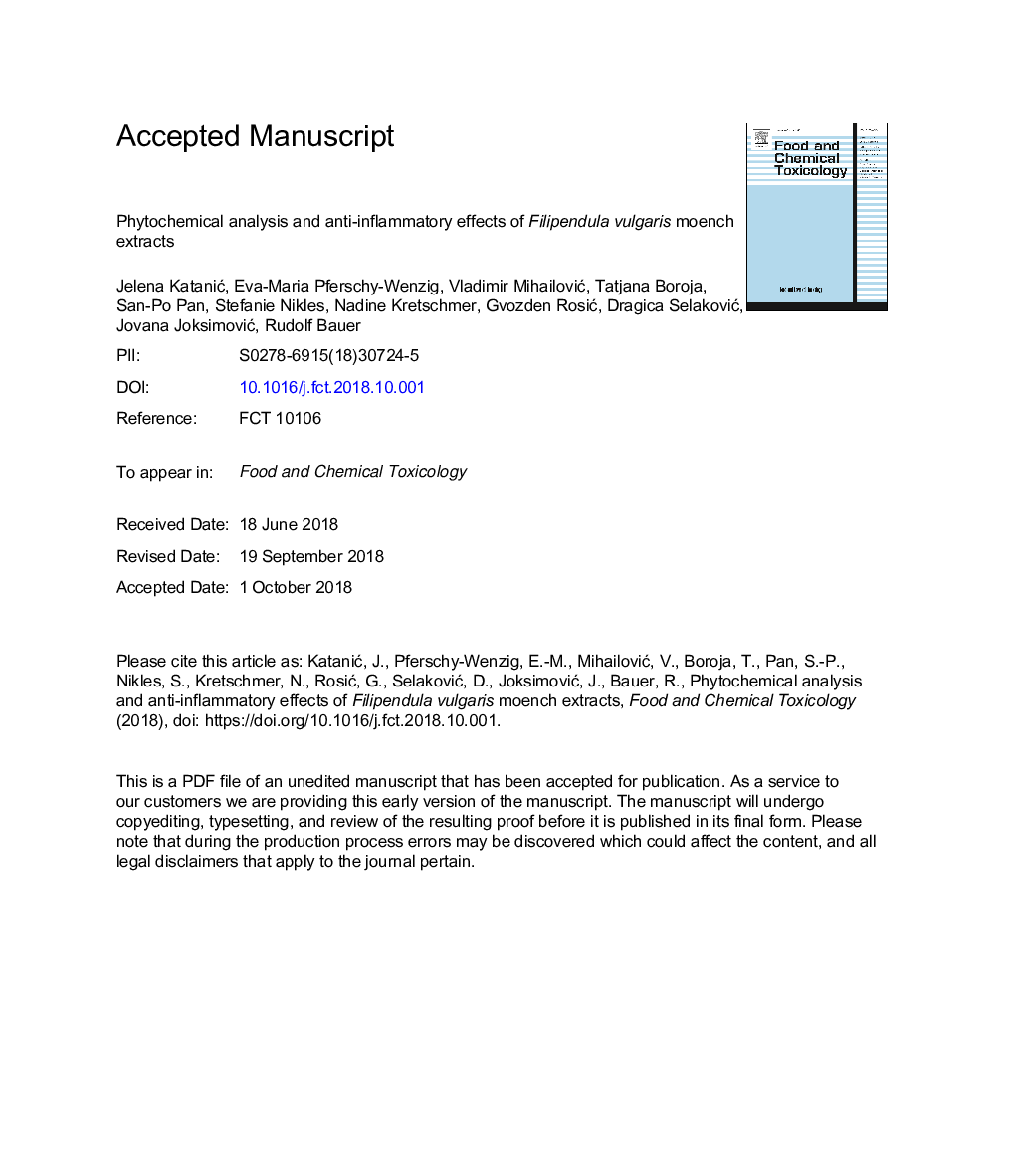 Phytochemical analysis and anti-inflammatory effects of Filipendula vulgaris Moench extracts