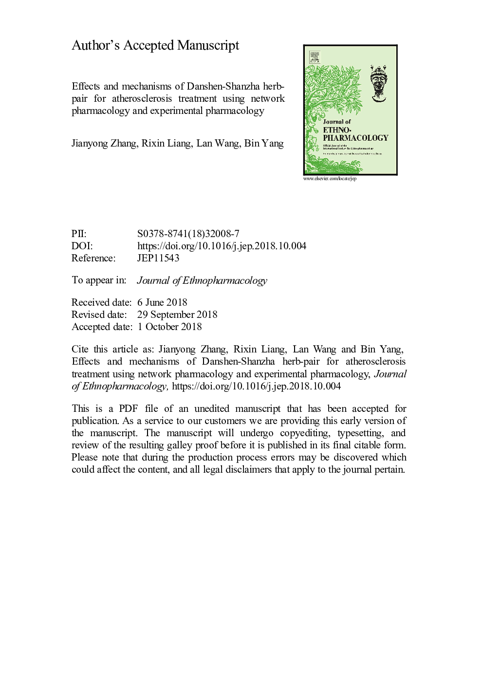 Effects and mechanisms of Danshen-Shanzha herb-pair for atherosclerosis treatment using network pharmacology and experimental pharmacology