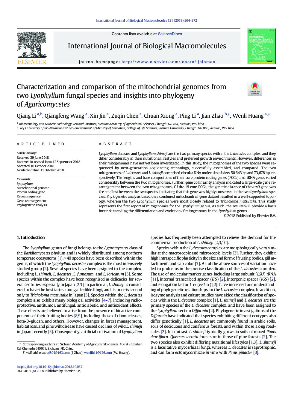 Characterization and comparison of the mitochondrial genomes from two Lyophyllum fungal species and insights into phylogeny of Agaricomycetes