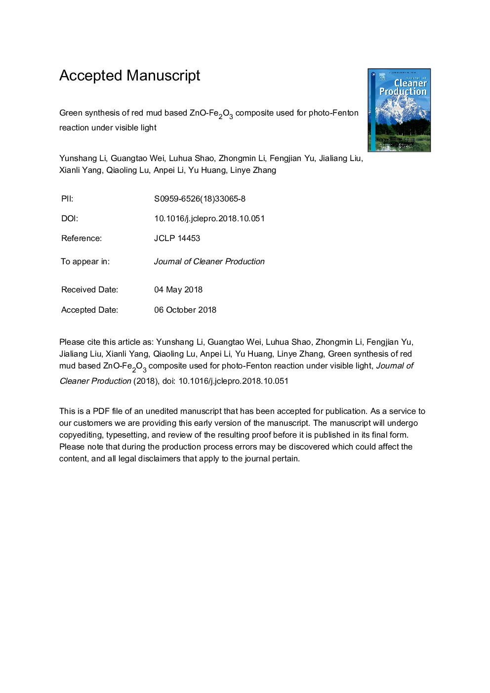 Green synthesis of red mud based ZnOFe2O3 composite used for photo-Fenton reaction under visible light