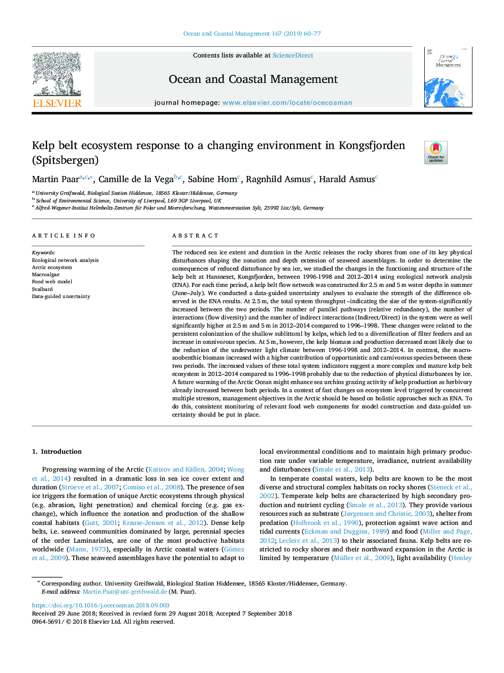 Kelp belt ecosystem response to a changing environment in Kongsfjorden (Spitsbergen)