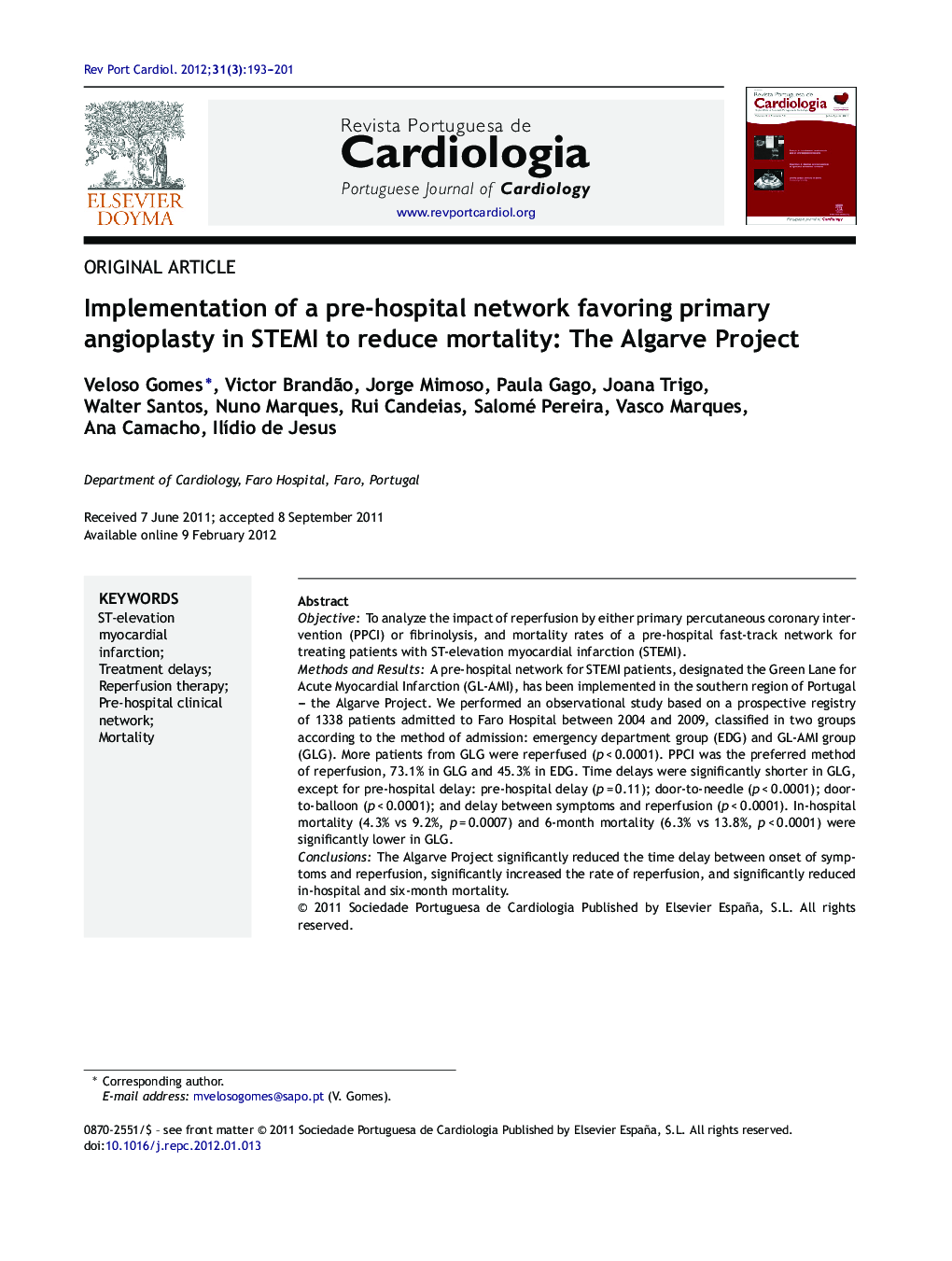Implementation of a pre-hospital network favoring primary angioplasty in STEMI to reduce mortality: The Algarve Project
