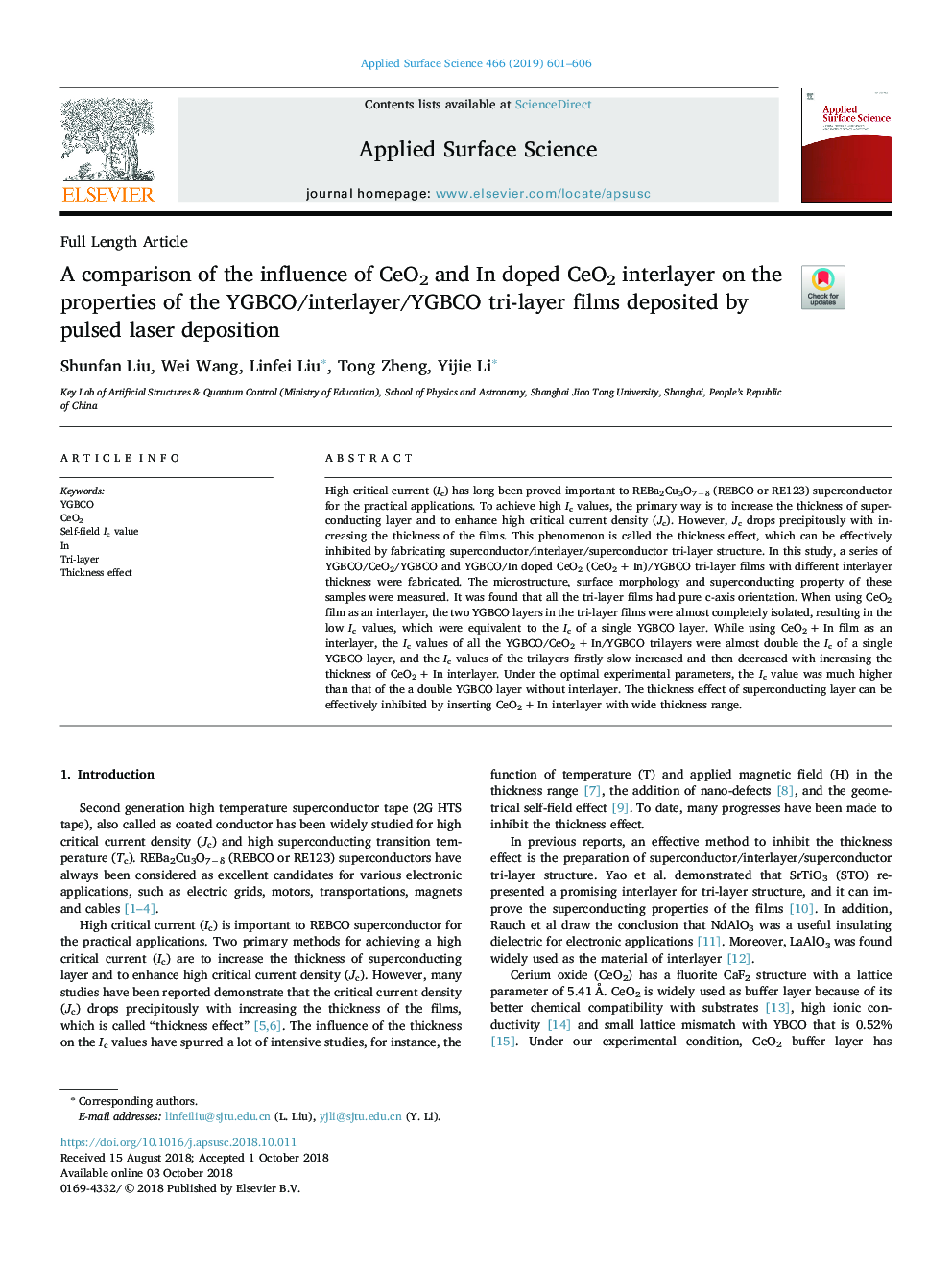 A comparison of the influence of CeO2 and In doped CeO2 interlayer on the properties of the YGBCO/interlayer/YGBCO tri-layer films deposited by pulsed laser deposition