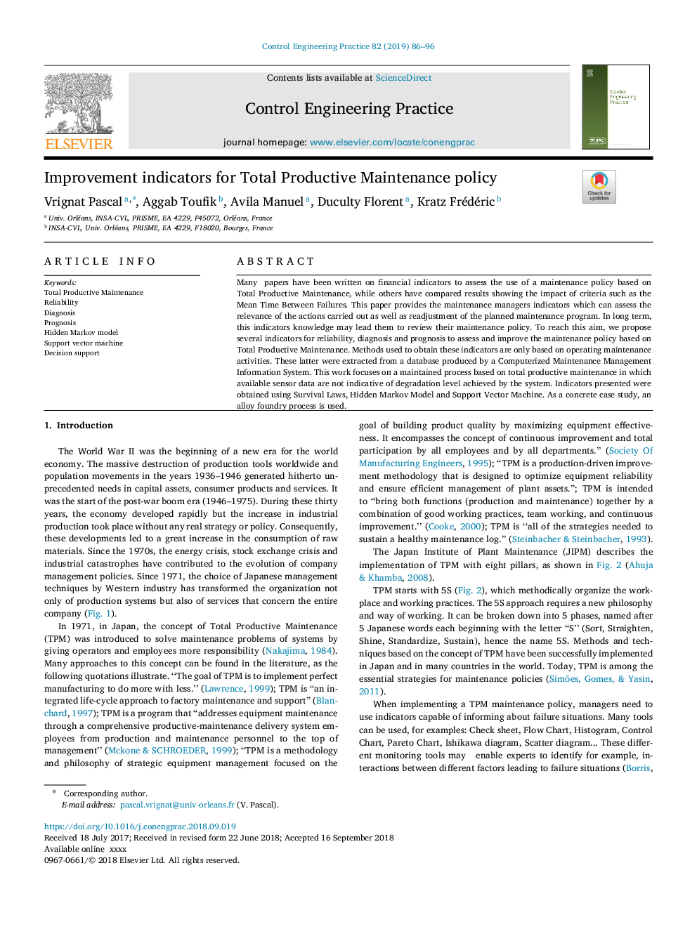 Improvement indicators for Total Productive Maintenance policy