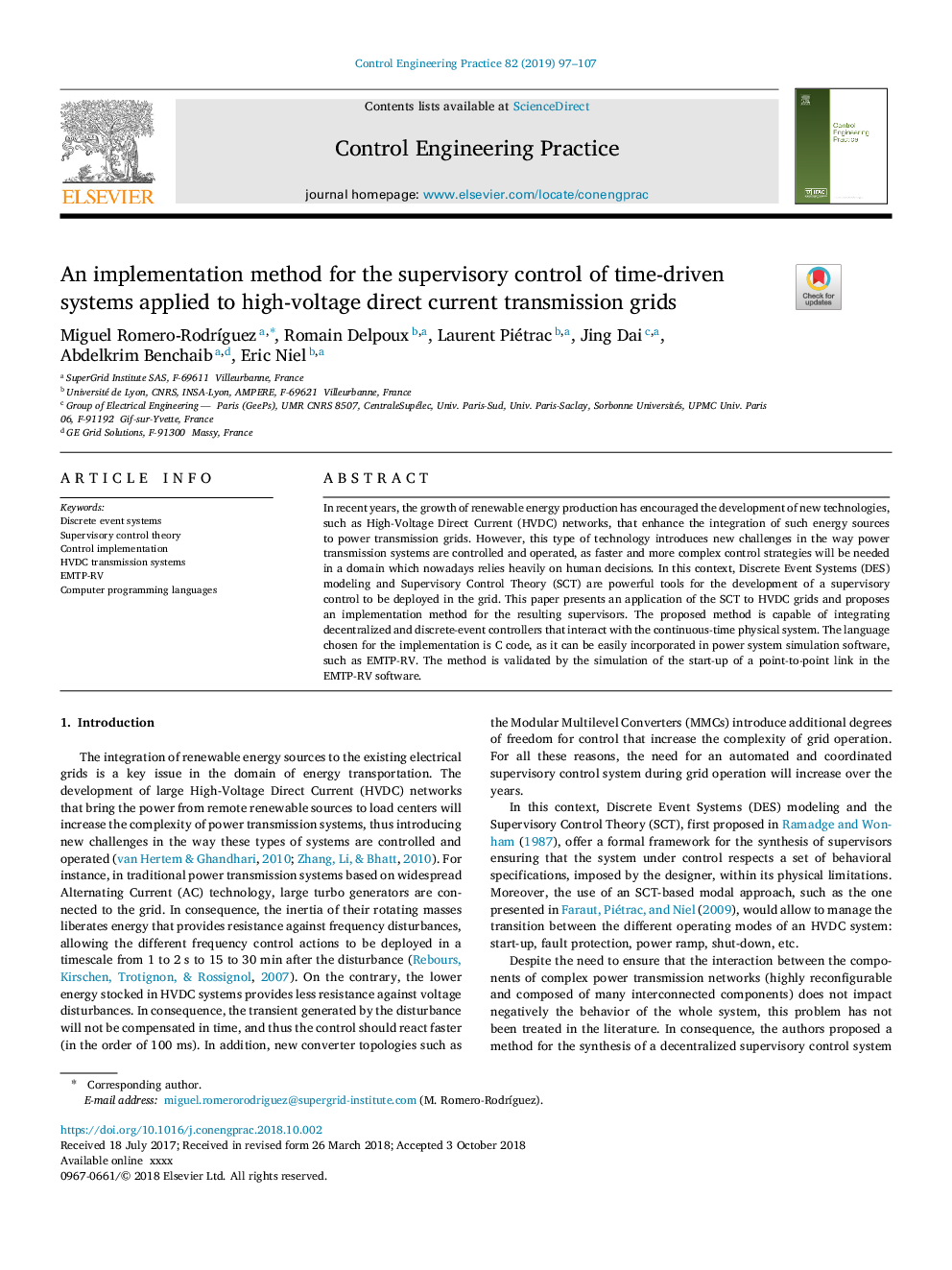 An implementation method for the supervisory control of time-driven systems applied to high-voltage direct current transmission grids