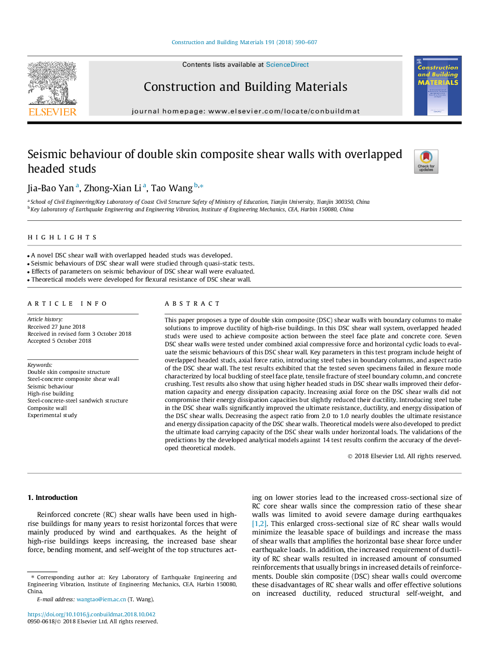 Seismic behaviour of double skin composite shear walls with overlapped headed studs