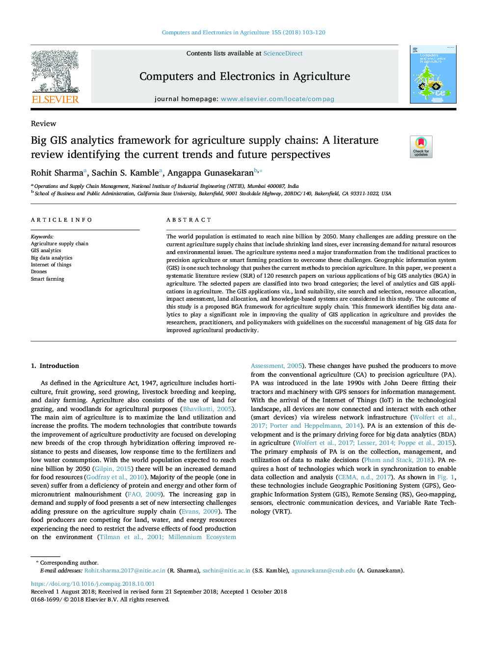 Big GIS analytics framework for agriculture supply chains: A literature review identifying the current trends and future perspectives