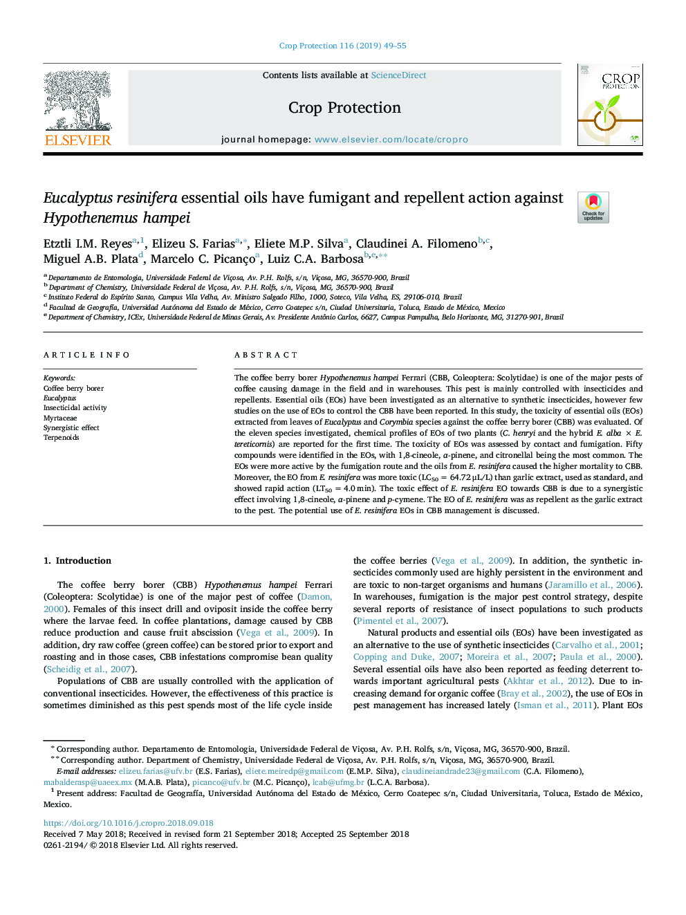 Eucalyptus resinifera essential oils have fumigant and repellent action against Hypothenemus hampei