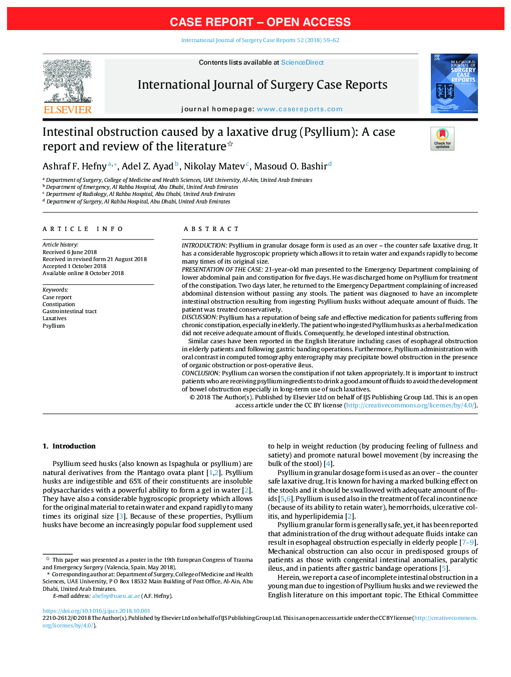 Intestinal obstruction caused by a laxative drug (Psyllium): A case report and review of the literature