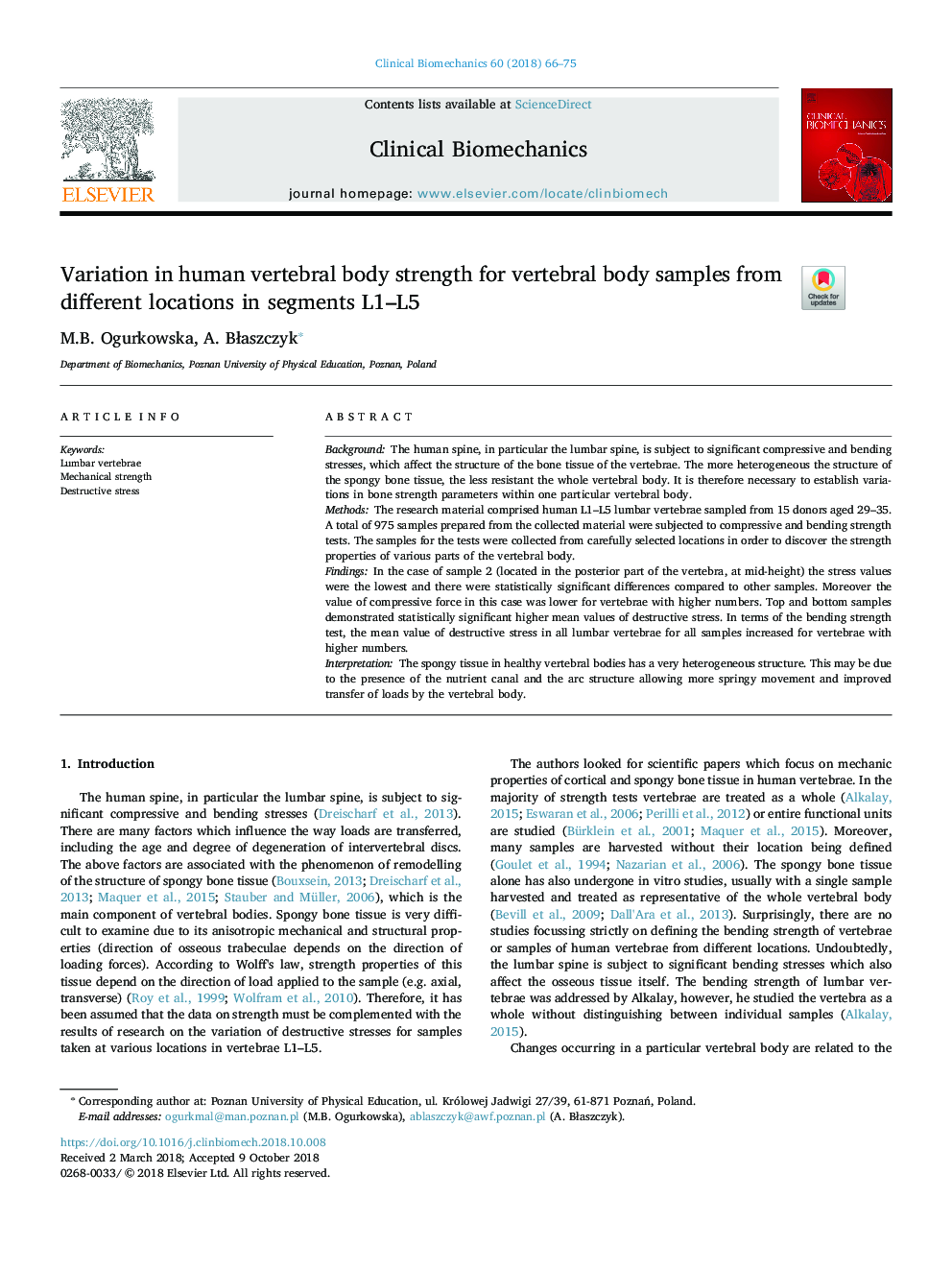 Variation in human vertebral body strength for vertebral body samples from different locations in segments L1-L5