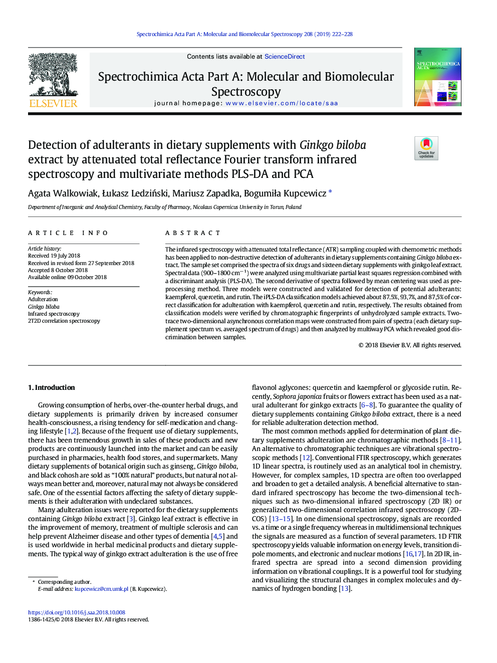 Detection of adulterants in dietary supplements with Ginkgo biloba extract by attenuated total reflectance Fourier transform infrared spectroscopy and multivariate methods PLS-DA and PCA