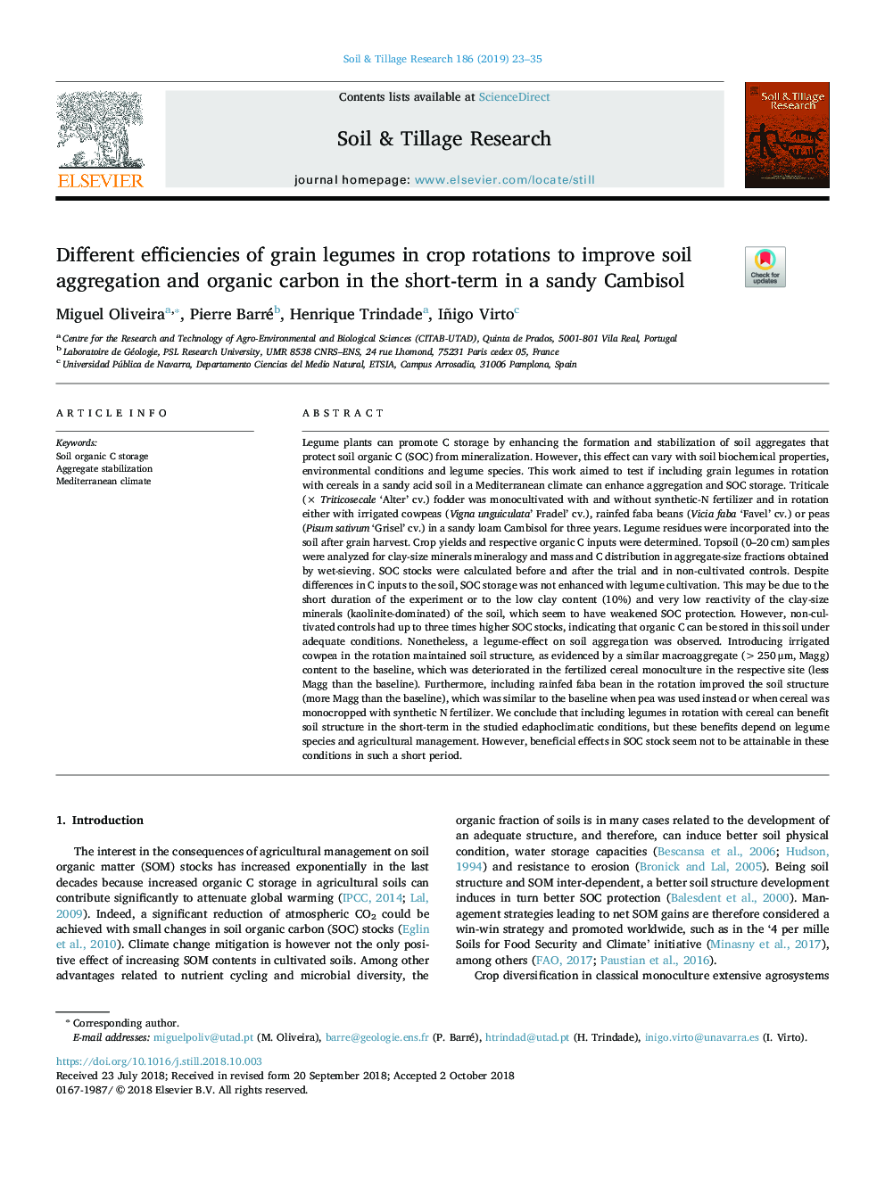 Different efficiencies of grain legumes in crop rotations to improve soil aggregation and organic carbon in the short-term in a sandy Cambisol