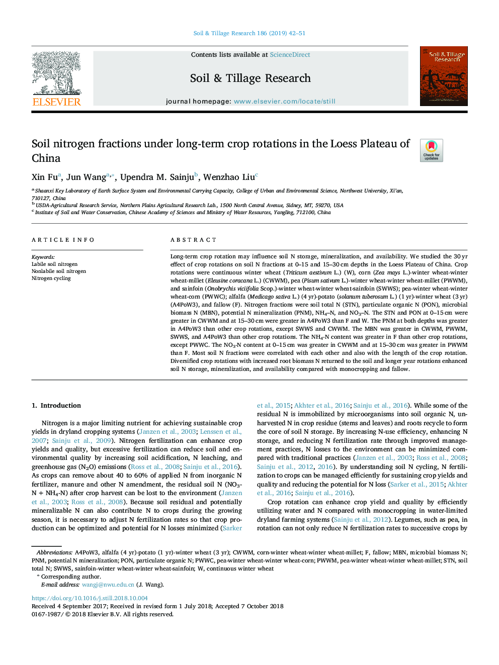 Soil nitrogen fractions under long-term crop rotations in the Loess Plateau of China