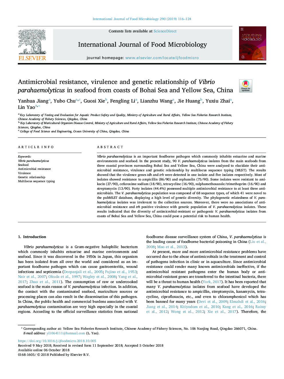 Antimicrobial resistance, virulence and genetic relationship of Vibrio parahaemolyticus in seafood from coasts of Bohai Sea and Yellow Sea, China