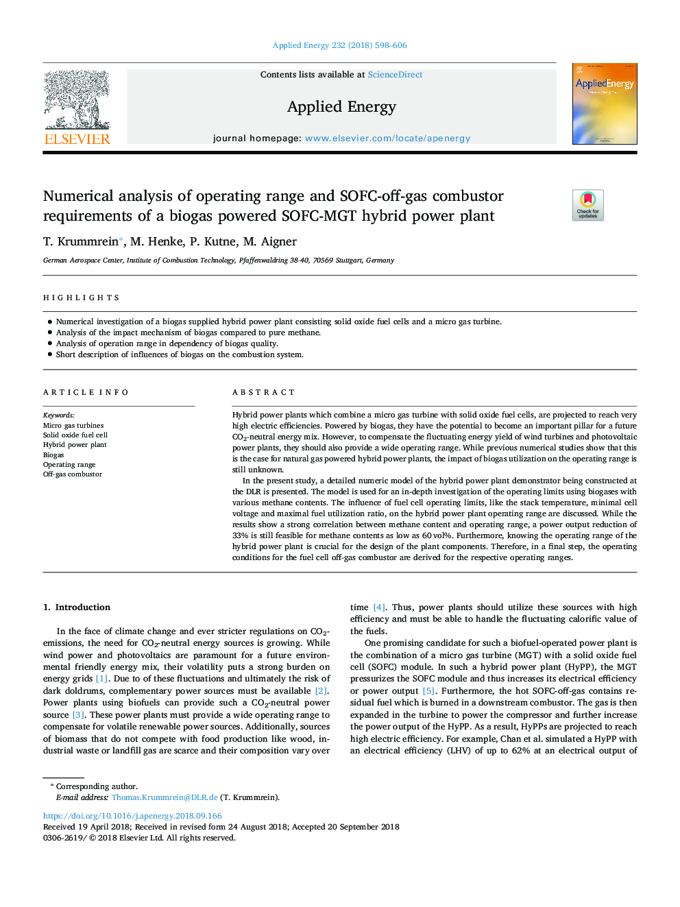 Numerical analysis of operating range and SOFC-off-gas combustor requirements of a biogas powered SOFC-MGT hybrid power plant