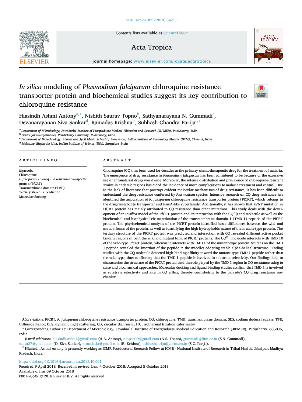 In silico modeling of Plasmodium falciparum chloroquine resistance transporter protein and biochemical studies suggest its key contribution to chloroquine resistance