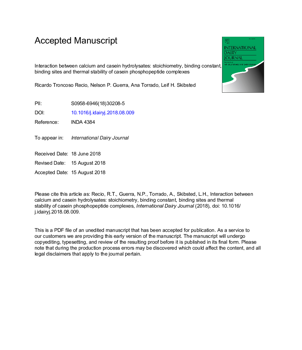تعامل بین هیدرولیزات کلسیم و کازئین: استئشیومتری، ثابت اتصال، سایت های اتصال و پایداری حرارتی مجتمع های کازئین فسفاپتید
