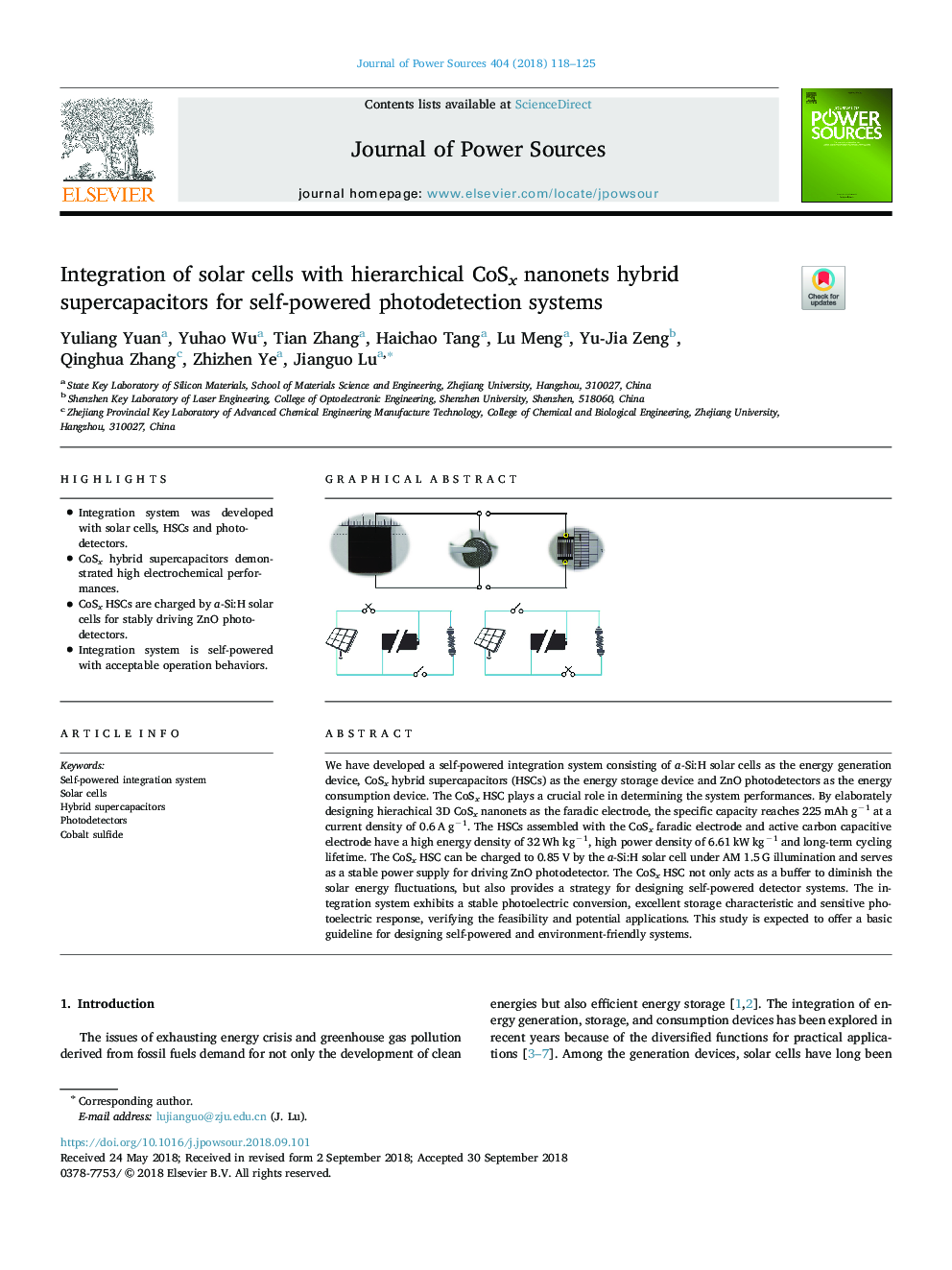 Integration of solar cells with hierarchical CoSx nanonets hybrid supercapacitors for self-powered photodetection systems