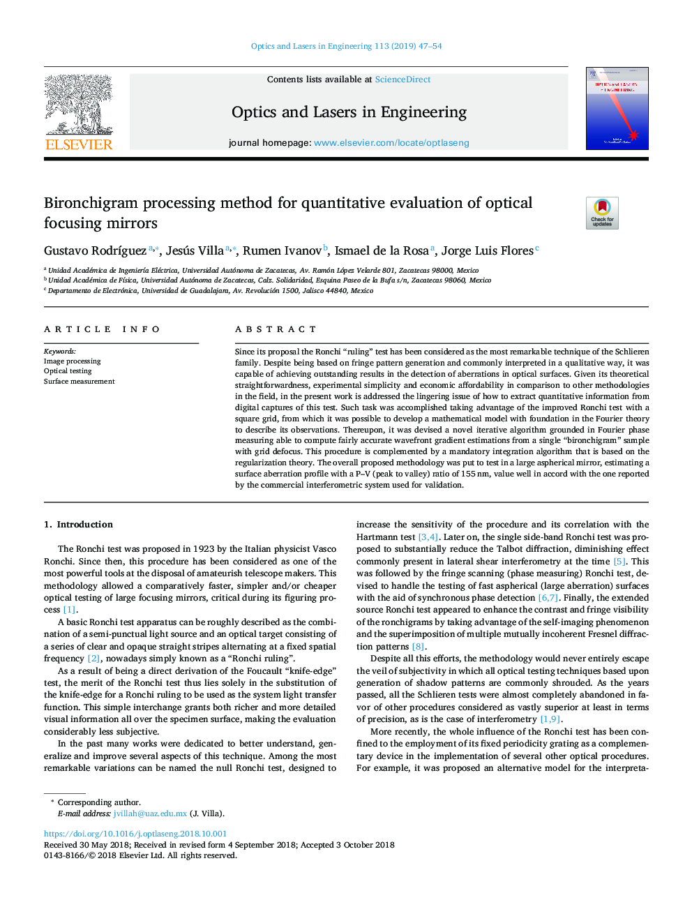 Bironchigram processing method for quantitative evaluation of optical focusing mirrors