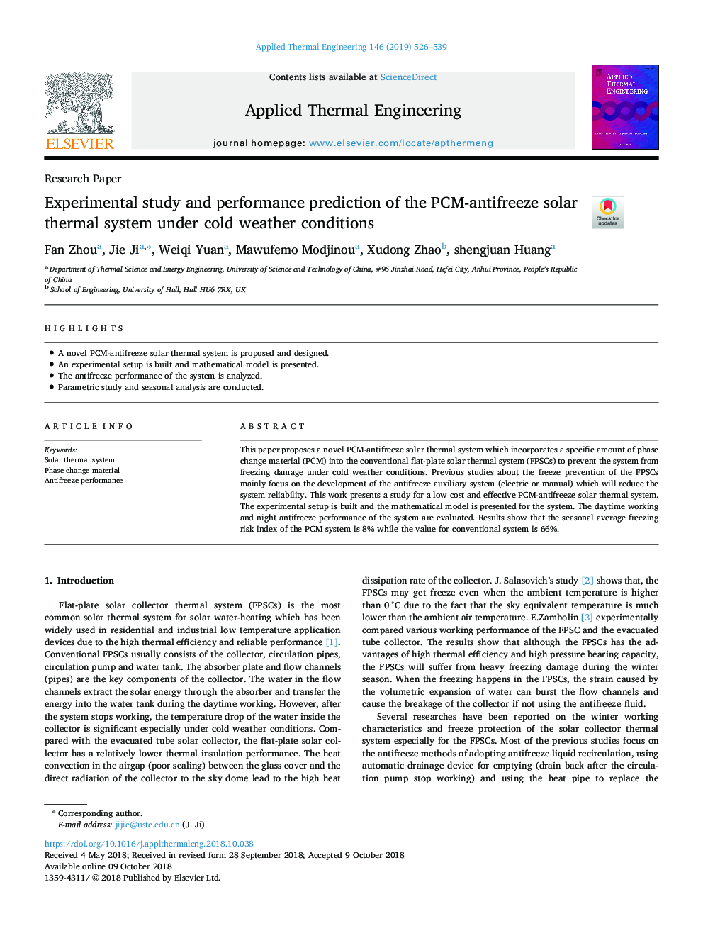 Experimental study and performance prediction of the PCM-antifreeze solar thermal system under cold weather conditions