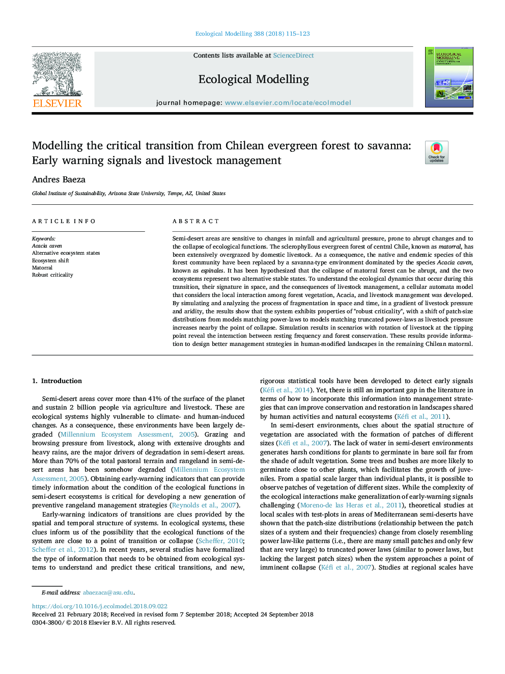 Modelling the critical transition from Chilean evergreen forest to savanna: Early warning signals and livestock management