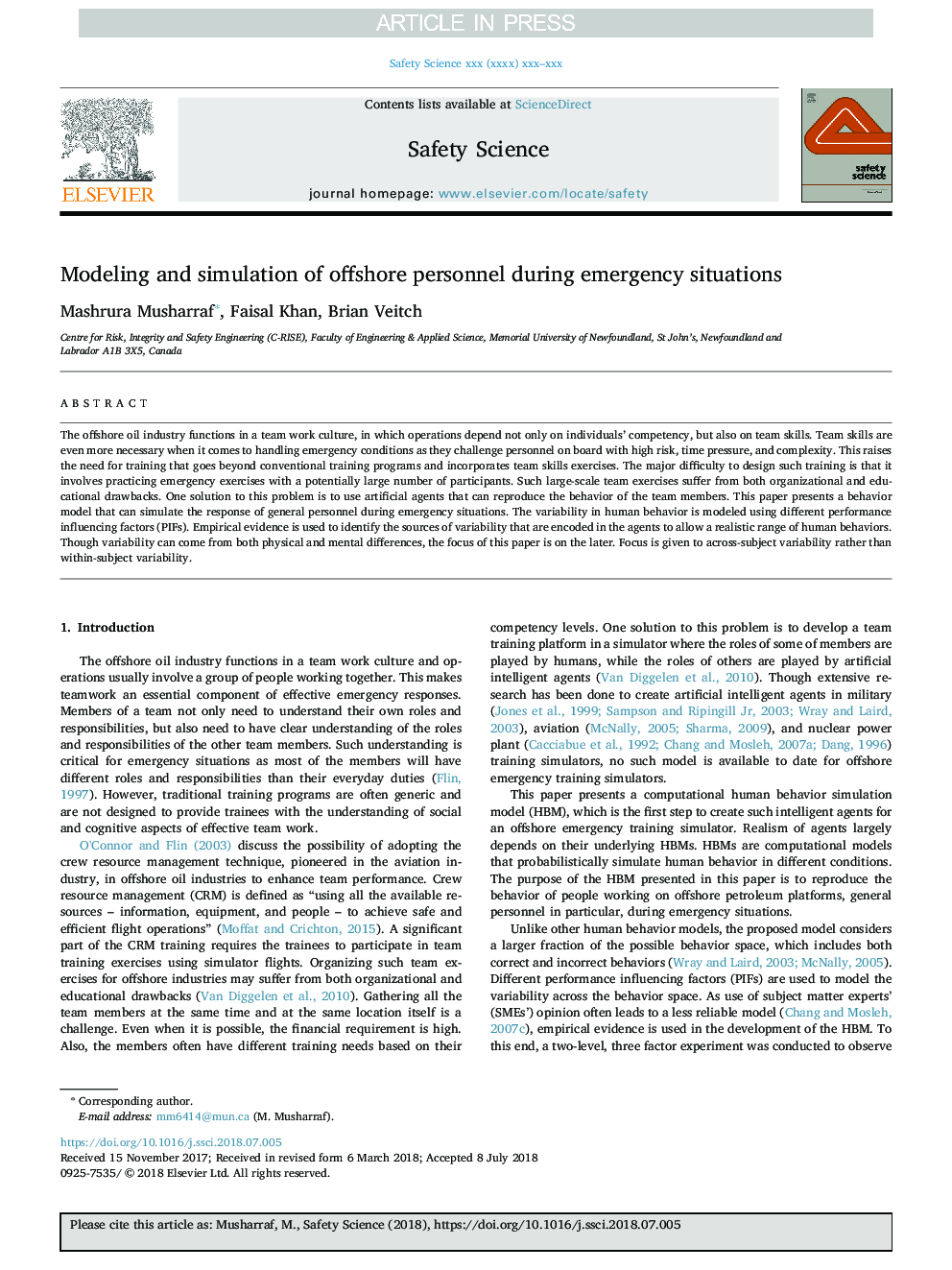 Modeling and simulation of offshore personnel during emergency situations