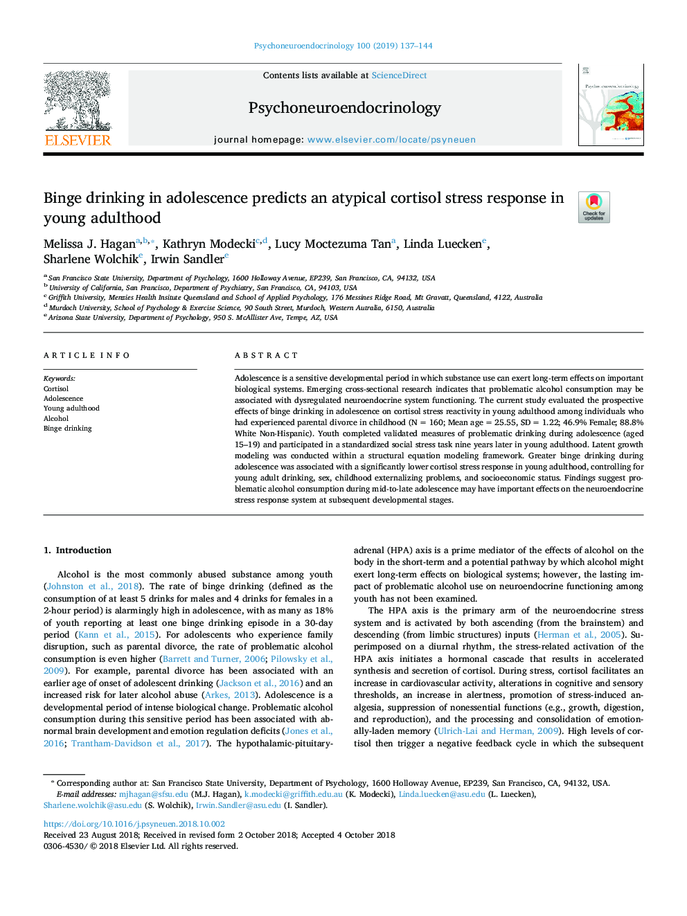 Binge drinking in adolescence predicts an atypical cortisol stress response in young adulthood