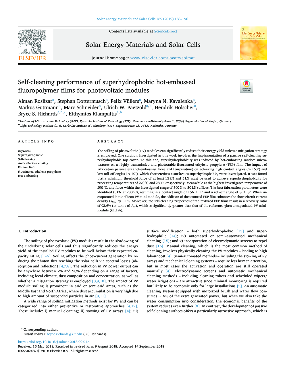 Self-cleaning performance of superhydrophobic hot-embossed fluoropolymer films for photovoltaic modules