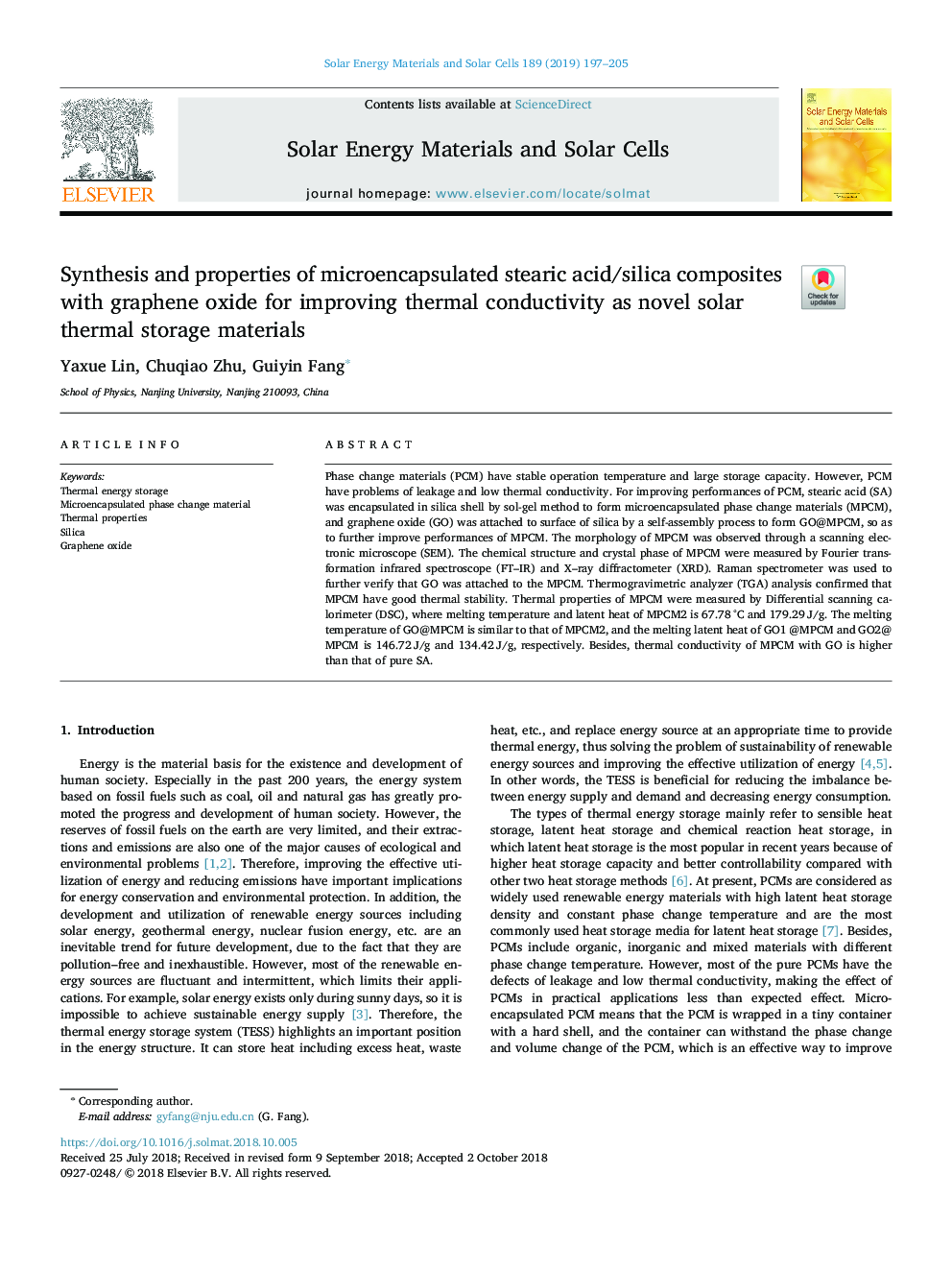 Synthesis and properties of microencapsulated stearic acid/silica composites with graphene oxide for improving thermal conductivity as novel solar thermal storage materials