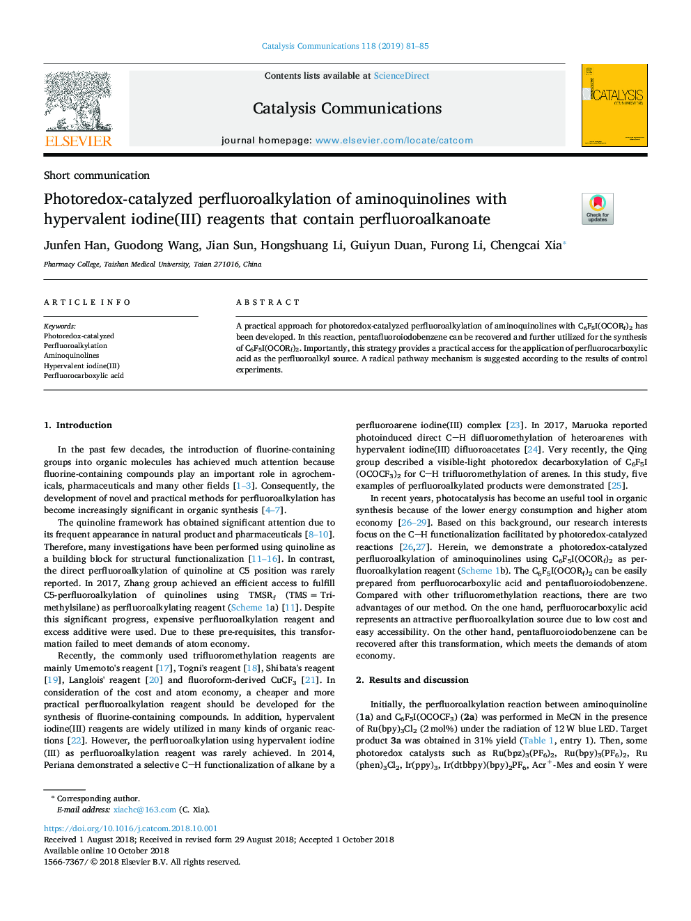 Photoredox-catalyzed perfluoroalkylation of aminoquinolines with hypervalent iodine(III) reagents that contain perfluoroalkanoate