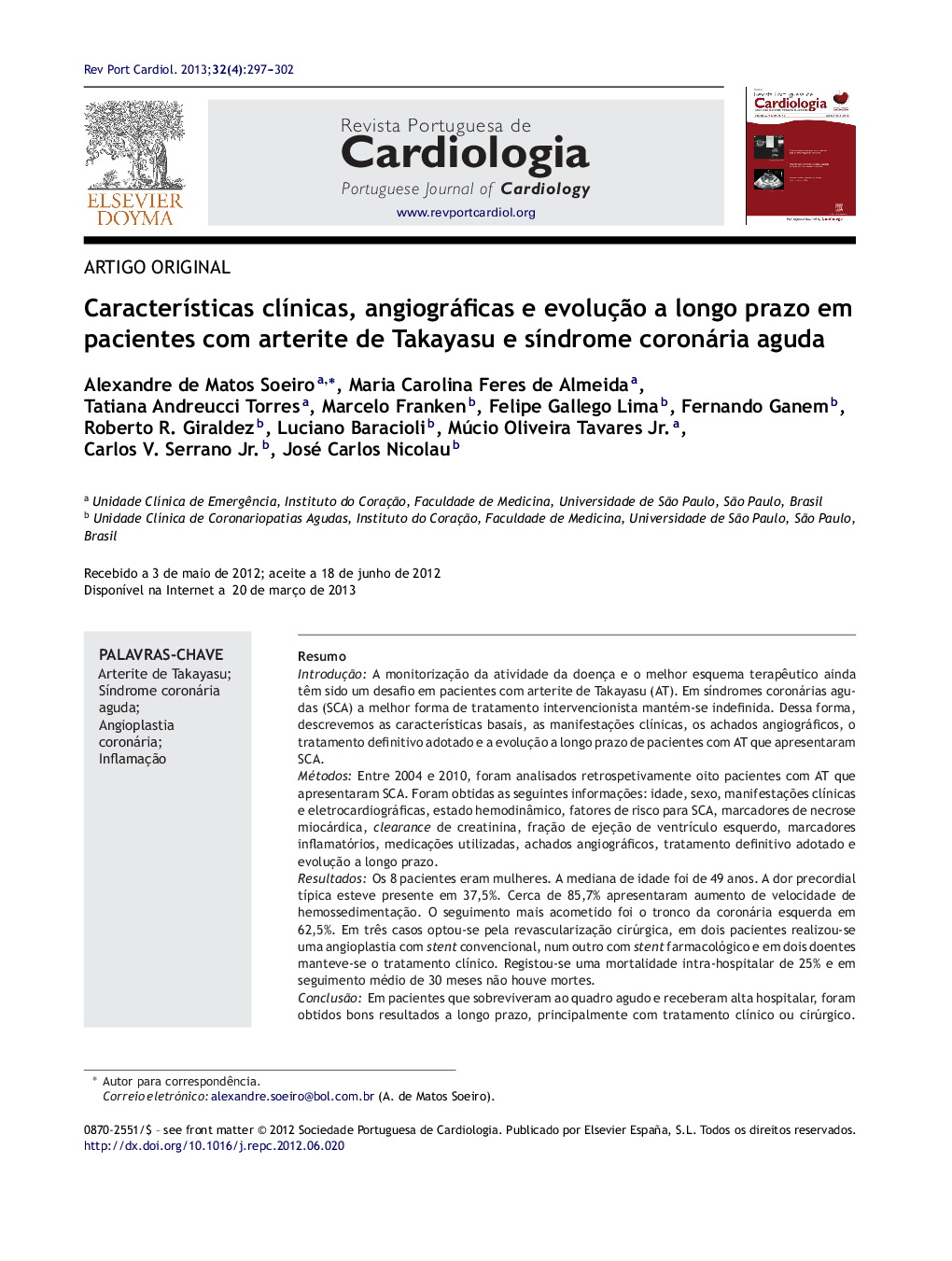 Características clínicas, angiográficas e evolução a longo prazo em pacientes com arterite de Takayasu e síndrome coronária aguda