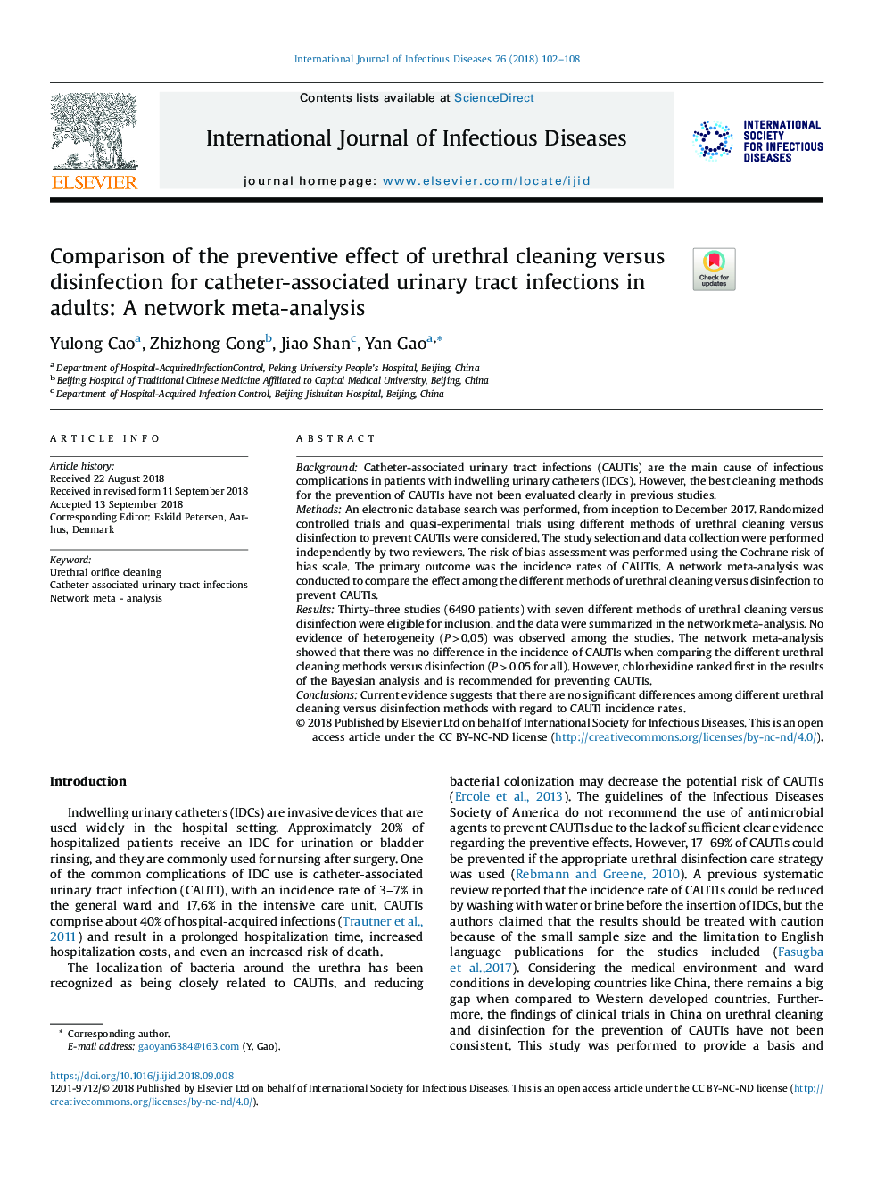 مقایسه اثر پیشگیری کننده تمیز کردن مجرای ادرار در برابر ضدعفونی شدن عفونت های دستگاه ادراری وابسته به کاتتر در بزرگسالان: متاآنالیز شبکه