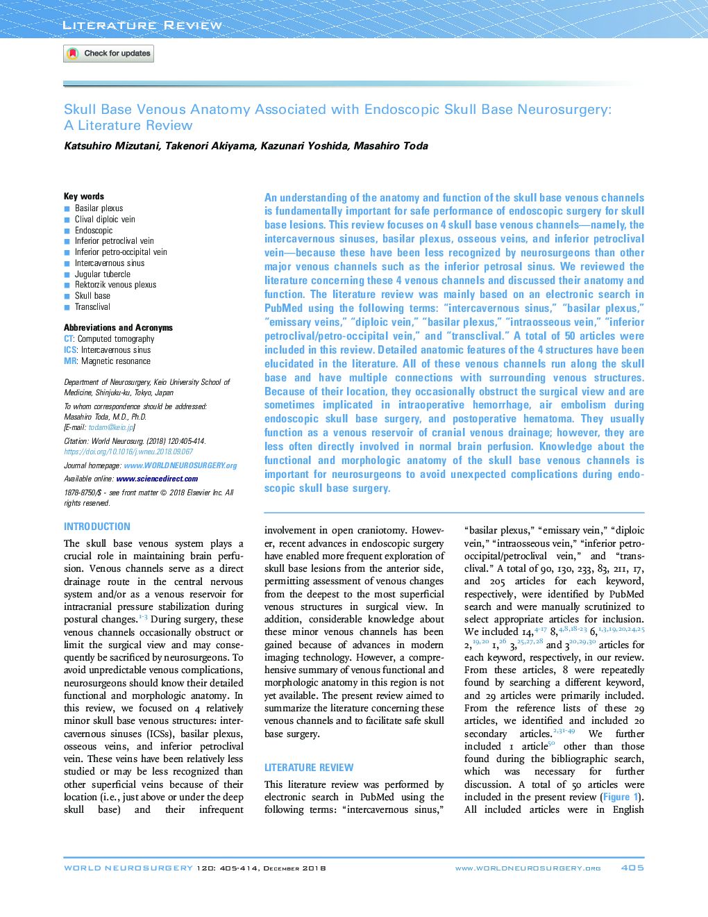 Skull Base Venous Anatomy Associated with Endoscopic Skull Base Neurosurgery: A Literature Review