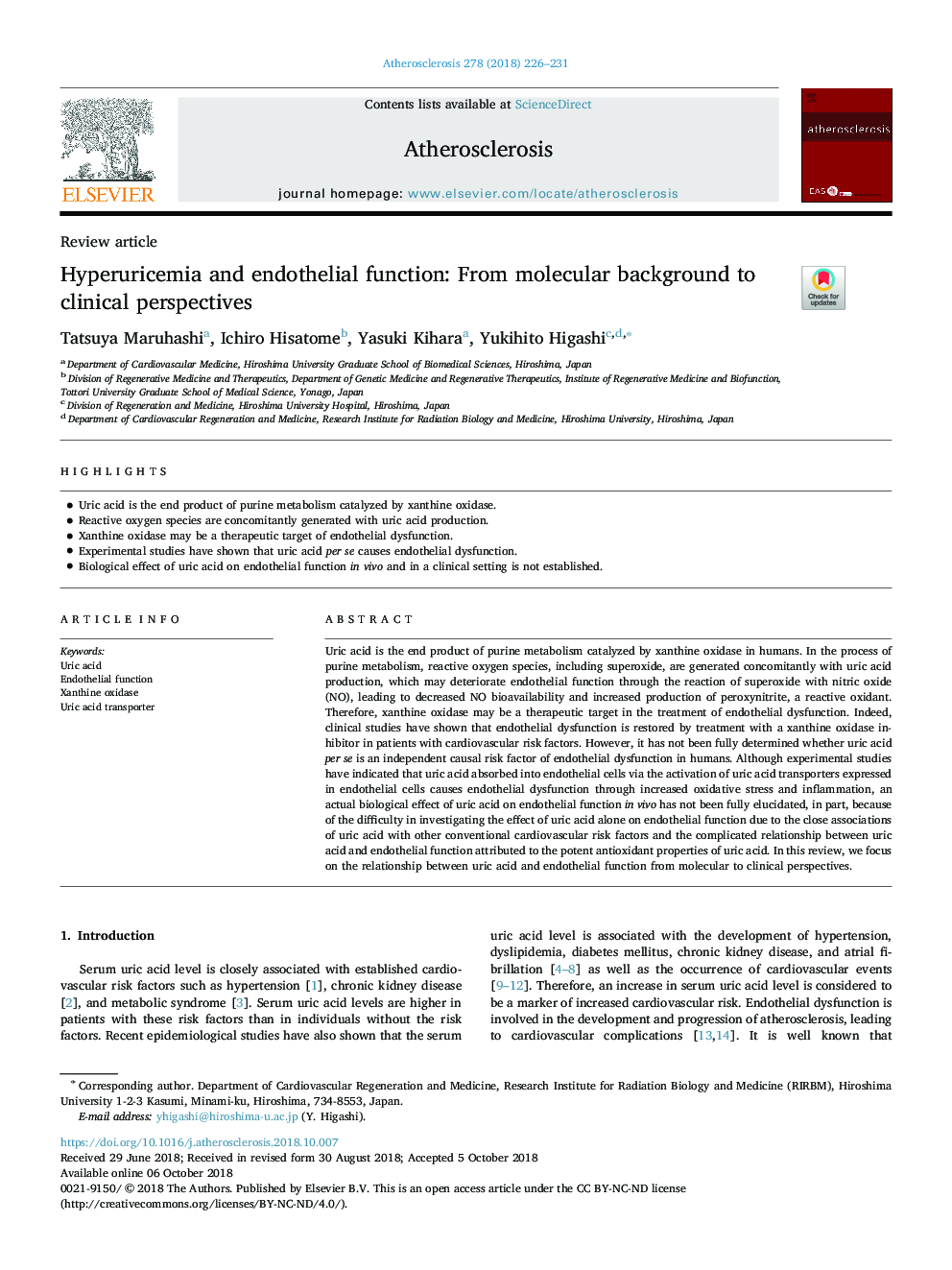 Hyperuricemia and endothelial function: From molecular background to clinical perspectives