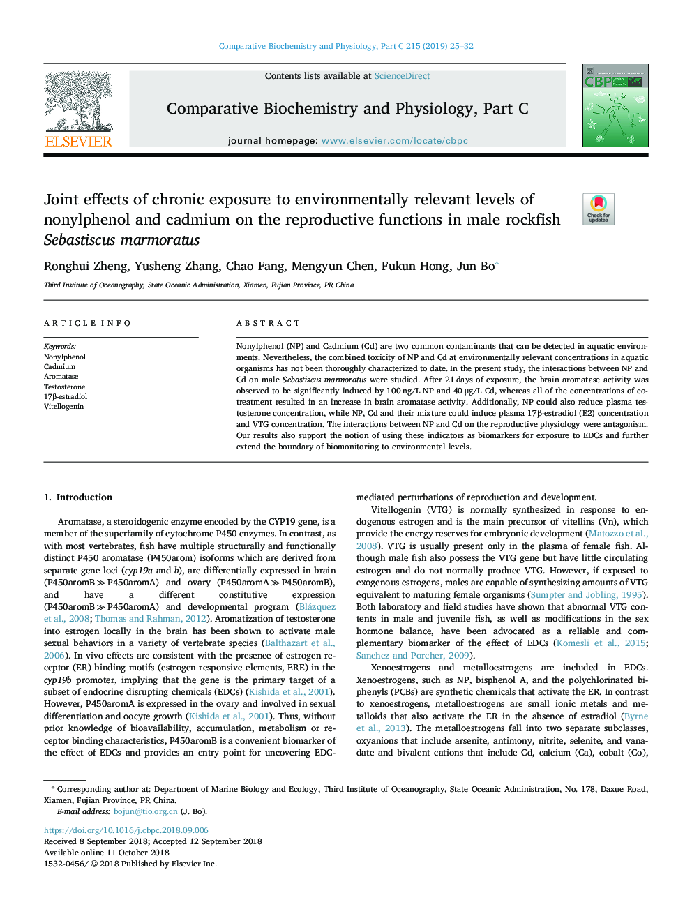 Joint effects of chronic exposure to environmentally relevant levels of nonylphenol and cadmium on the reproductive functions in male rockfish Sebastiscus marmoratus