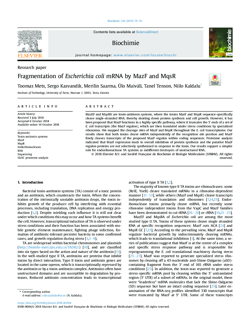 Fragmentation of Escherichia coli mRNA by MazF and MqsR