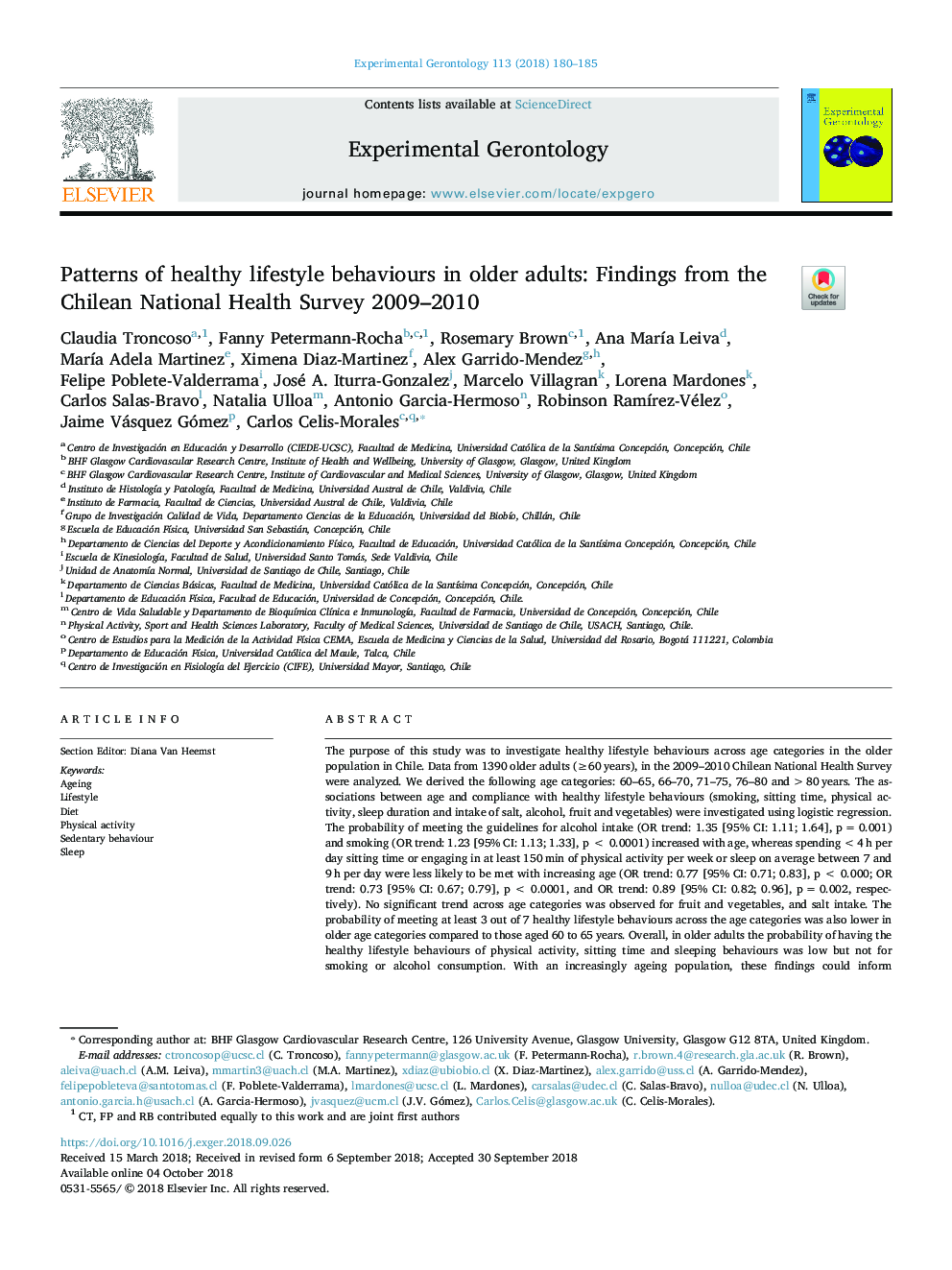 Patterns of healthy lifestyle behaviours in older adults: Findings from the Chilean National Health Survey 2009-2010