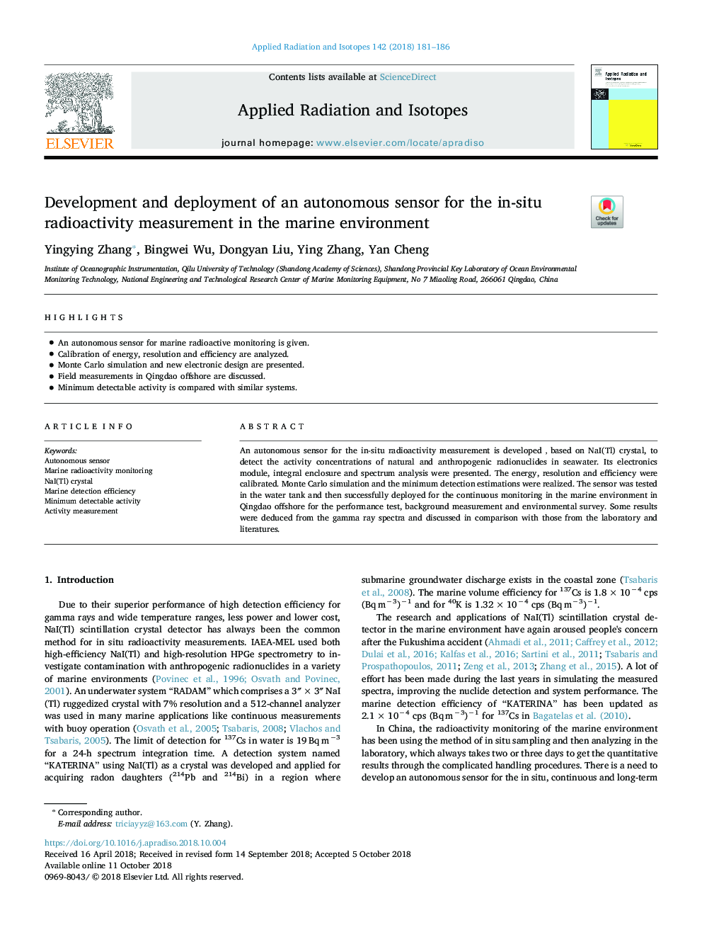 Development and deployment of an autonomous sensor for the in-situ radioactivity measurement in the marine environment